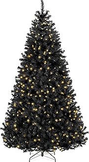 6ft Pre-Lit Black Christmas Tree, Full Artificial Holiday Decoration for Home, Office, Party Decoration w/ 947 Branch Tips, 250 Lights, Metal Hinges, Foldable Base