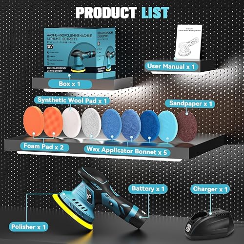 Miniatura 7 de Pulidora de búfer inalámbrica, pulidora portátil de 6 pulgadas con 1 paquete de batería de litio de 12 V, 6 velocidades variables de 2500 a 5000