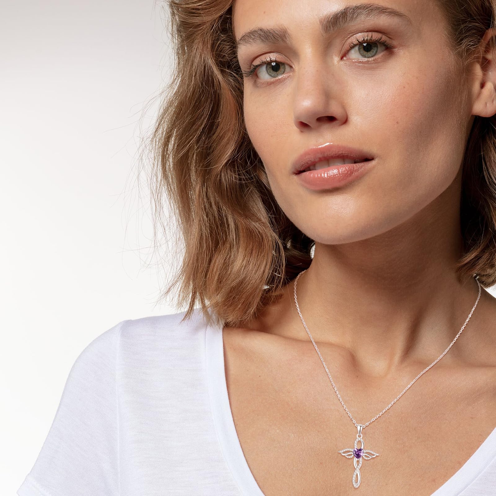 TANGPOET Engelsflügel Halskette für Frauen 925 Sterling Silber Schutzengel Anhänger, Herz Kreuz Geburtsstein Kette, Geburtstag Schmuck Geschenke für sie