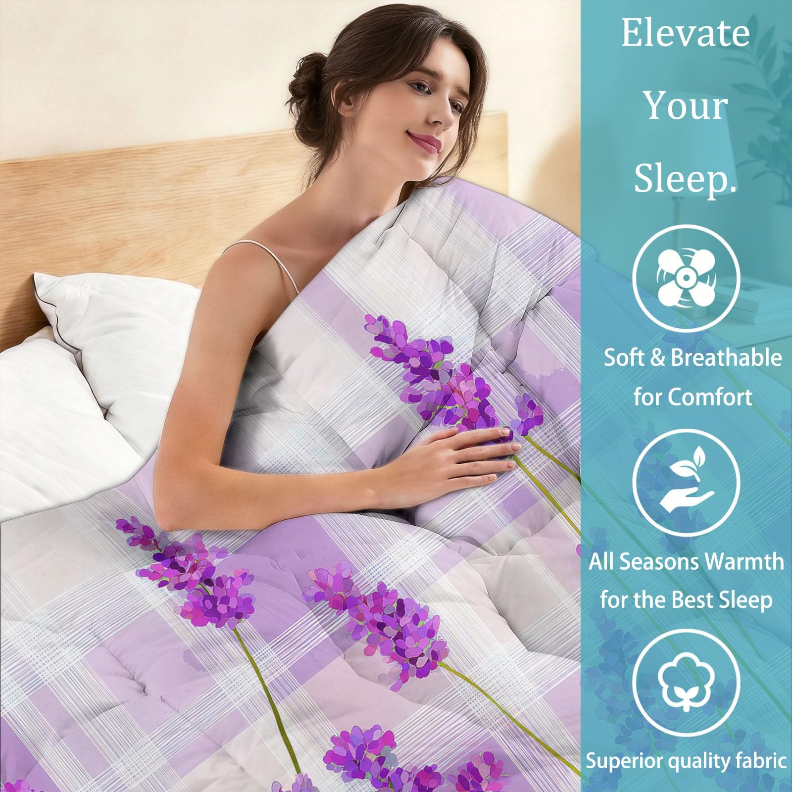 Genérico Edredón Invierno 150x200cm Lavanda Morada Edredón Nórdico Acolchado Suave Cálido y Transpirable con 2 Fundas Almohada 50x70cm, Lavable, 4 Estaciones