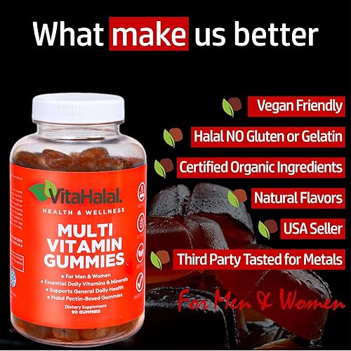Miniatura 9 de VitaHalal Gomitas multivitamínicas halal, sabor natural jugoso orgánico, sin OMG, para adultos, 90 unidades, para hombres y mujeres