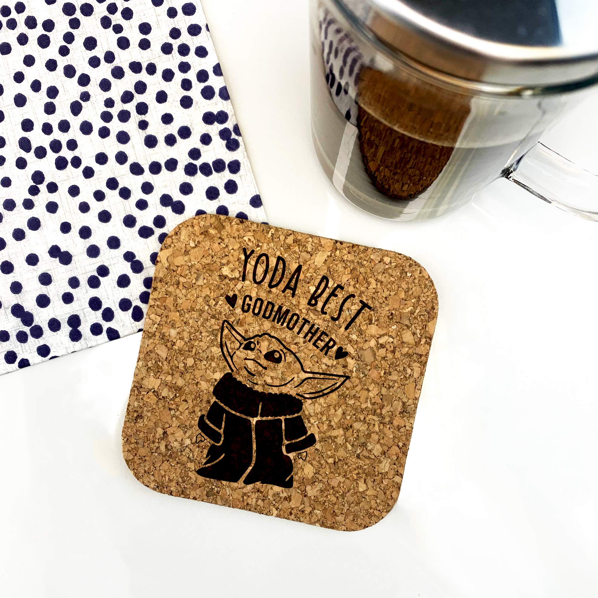 eBuyGB Personalised Square Cork Coaster, Eco-Friendly Engraved Baby Yoda Coaster, Star Wars Themed Drinks Mat, Funny Gifts for Godparents (Yoda Best Godmother)