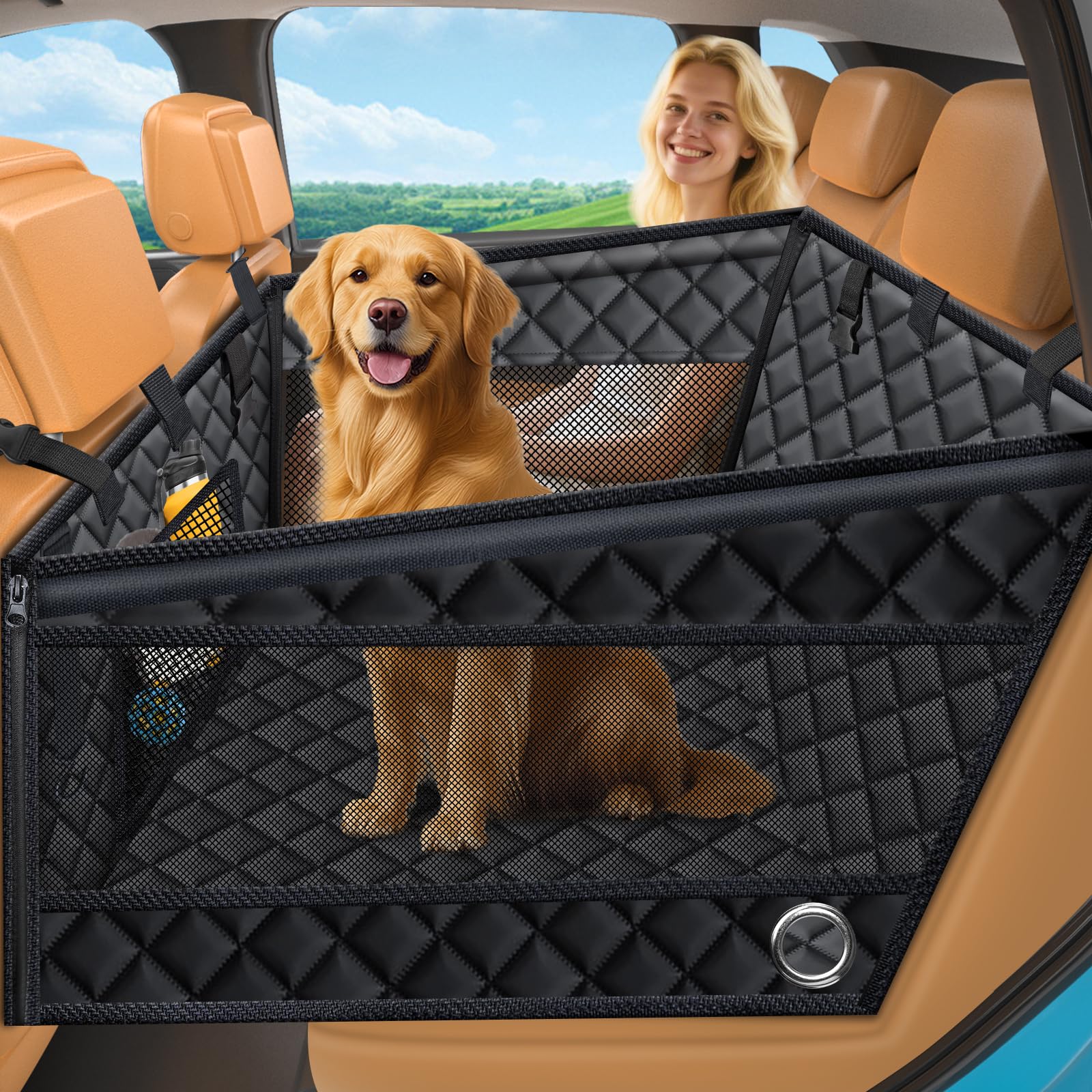 URPOWER Hard Bottom Dog Car Seat for Large Medium Dogs, Dog Back Seat Extender with 3-Sided Hard Boards, Waterproof Pet Backseat Cover Dogs Hammock for Large Cars, Trucks and SUVs, Holds up to 200 lbs