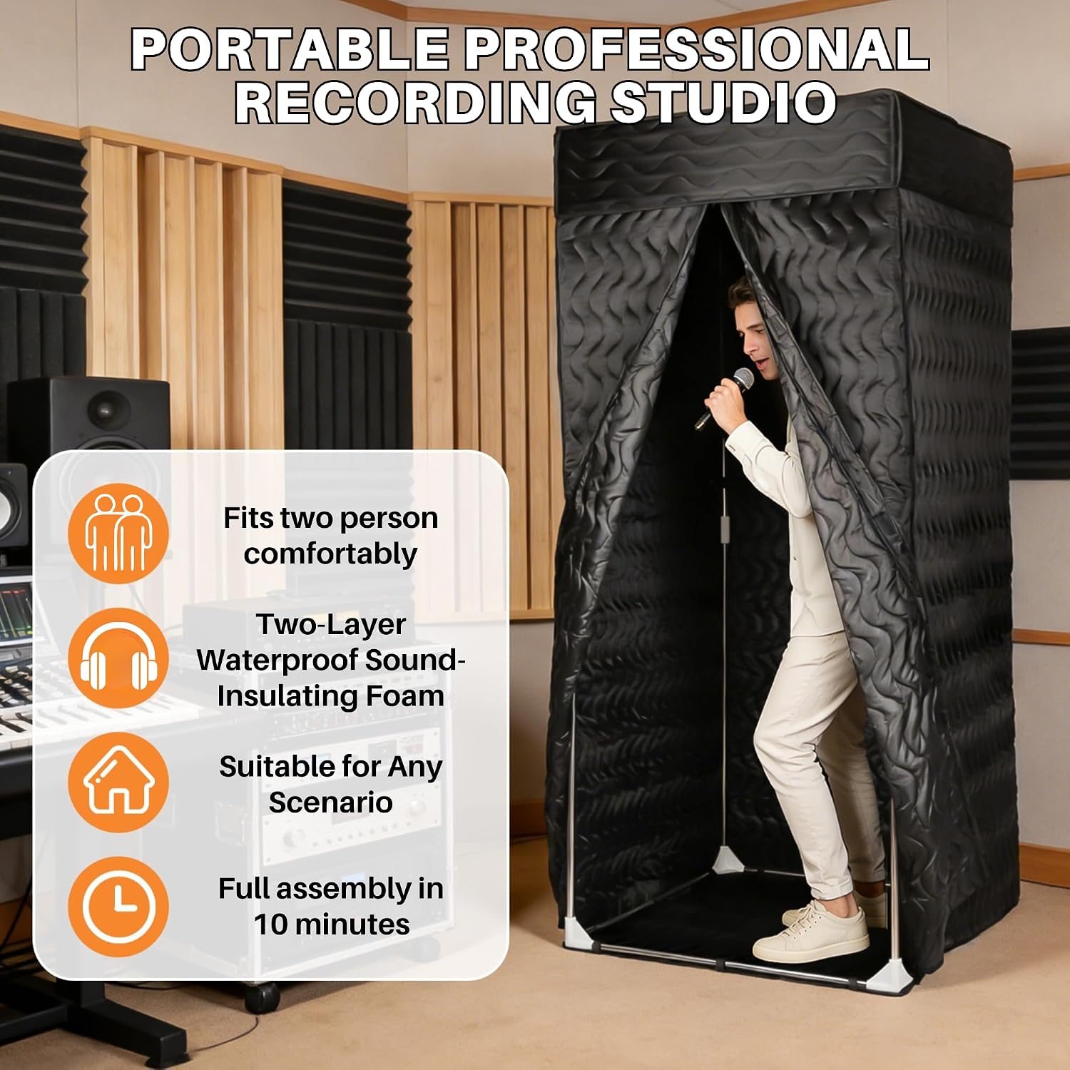 Portable Vocal Booth, Portable Waterproof Recording Studio, Soundproof Recording Equipment with Travel Bag, Mobile Tablet Stand, Mixer Stand, LED Music Light