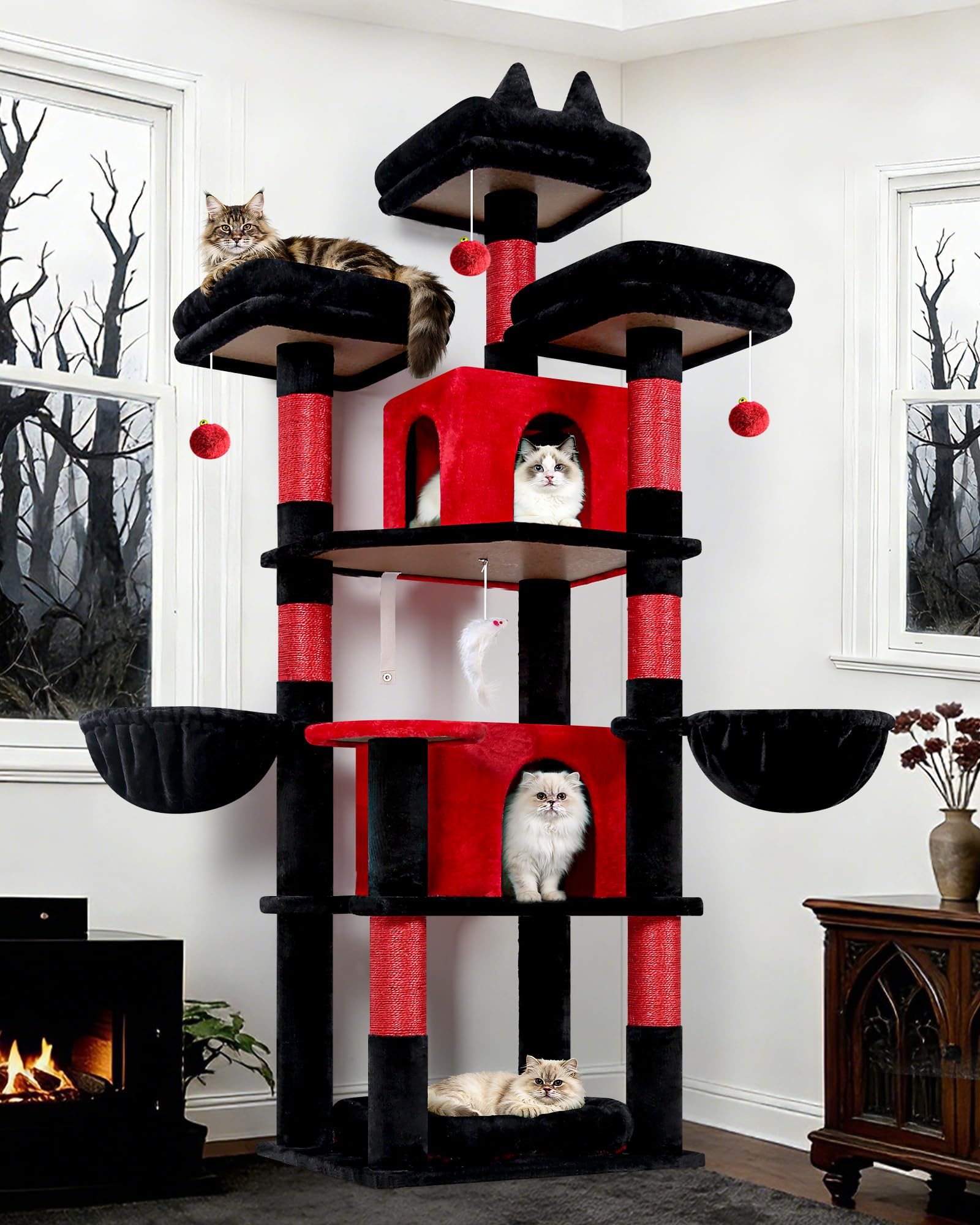 Globlazer Cat Tree Black Red for 2-4 Cats Indoor, Large Cat Tower 174 cm with 3 Top Perches, 2 Caves, 2 Hanging Basket, Removable Pet Bed, Stable Gothic Cat Tree for Multiple Cats (F68B, ‎Black Red)