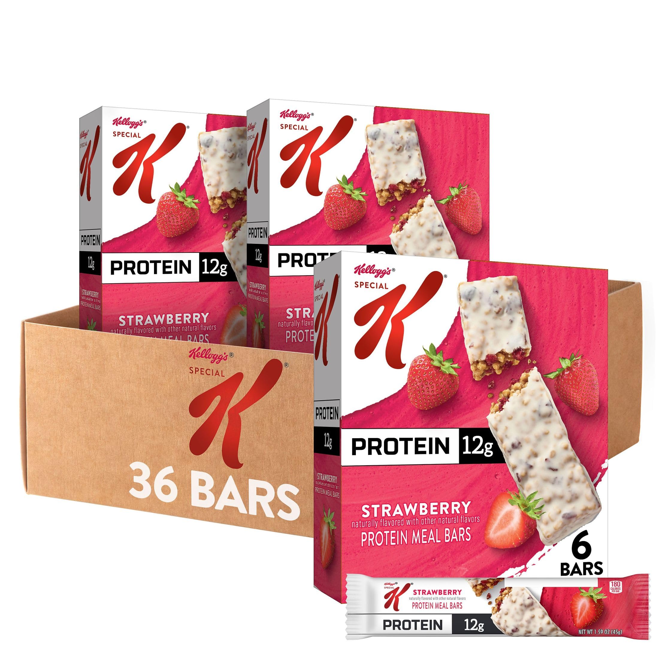Bar Protein Meal Bars, 12g of Protein, Good Source of Fiber, Strawberry (6 Boxes, 36 Count)
