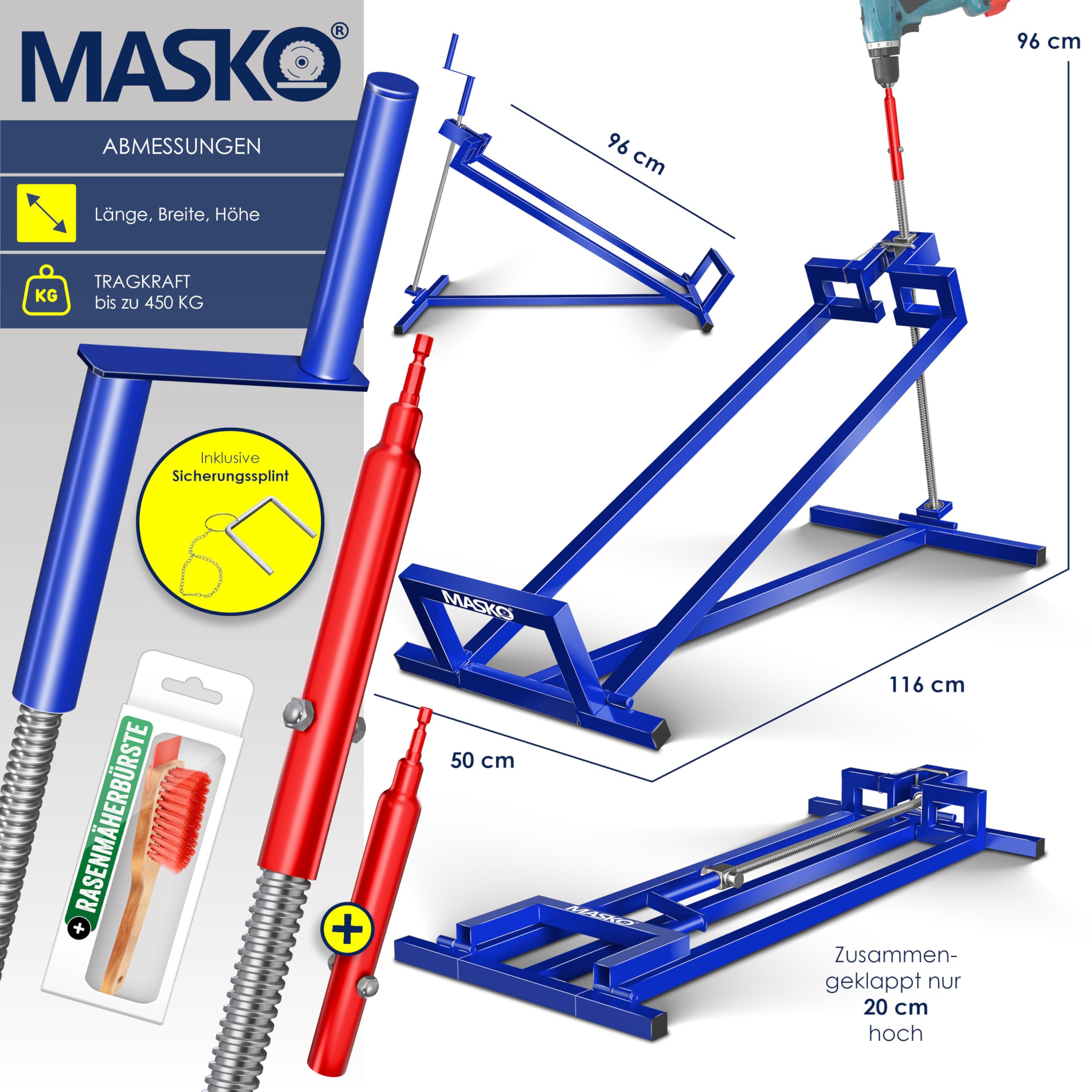 MASKO Cric de tracteur à gazon XXL 450 kg - Pont élévateur de tondeuse autoportée - Aide au nettoyage universel - Inclinaison réglable à +45° - Avec adaptateur, manivelle, gants et brosse - Bleu