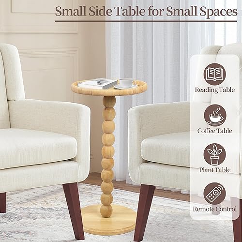 Miniatura 4 de Mesa auxiliar redonda, mesa pequeña de madera maciza para espacios pequeños, mesa auxiliar de ratán bohemio para sala de estar, mesa decorativa