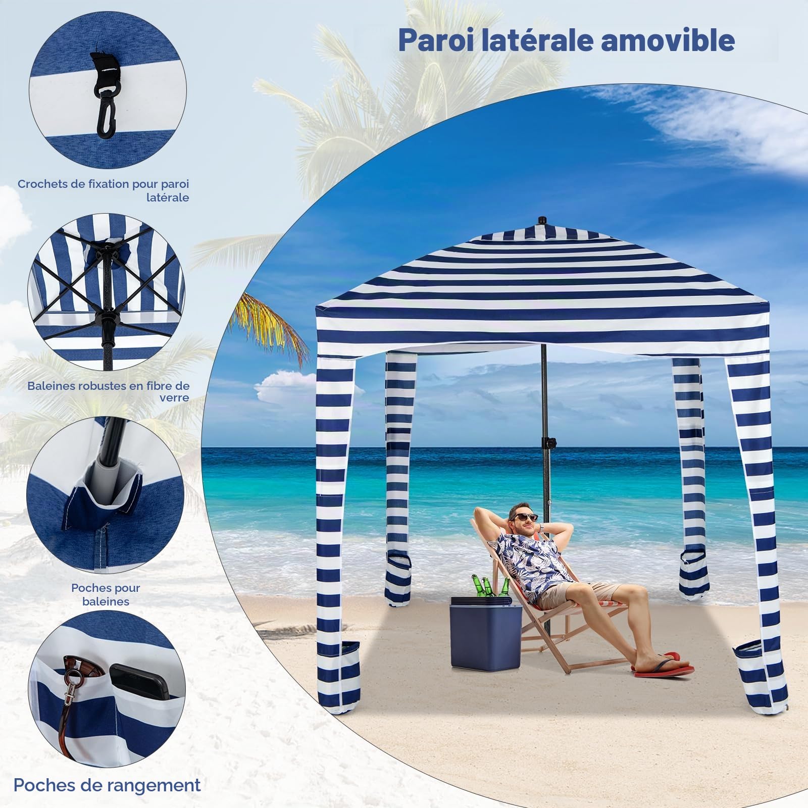 HOMASIS Tente de Plage 1,8 x 1,8 m, Réglable en Hauteur, Abris de Plage Portable avec Protection UV, avec Paroi Latérale Amovible, Sacs de Sable et Ancrage de Sable (Bleu, Standard)