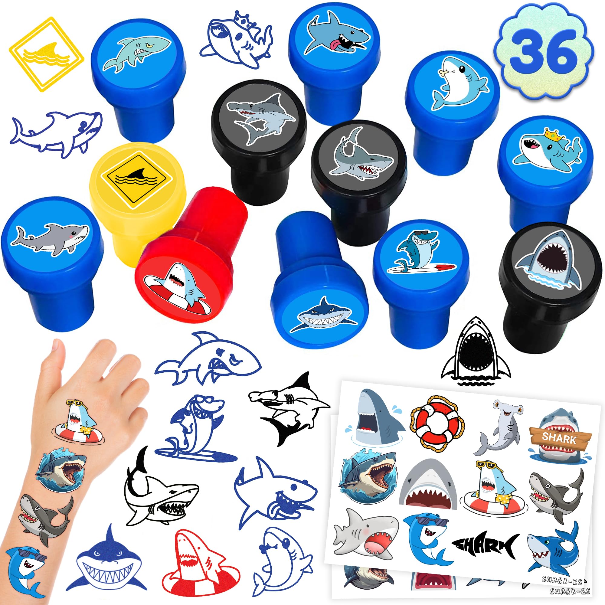 36PCS Shark Party Favors - 24PCS Temporary Tattoos & 12PCS Stamps - Ideal Beach Ocean Animal Themed Birthday Card Decorations Supplies Goodie Bag Cute