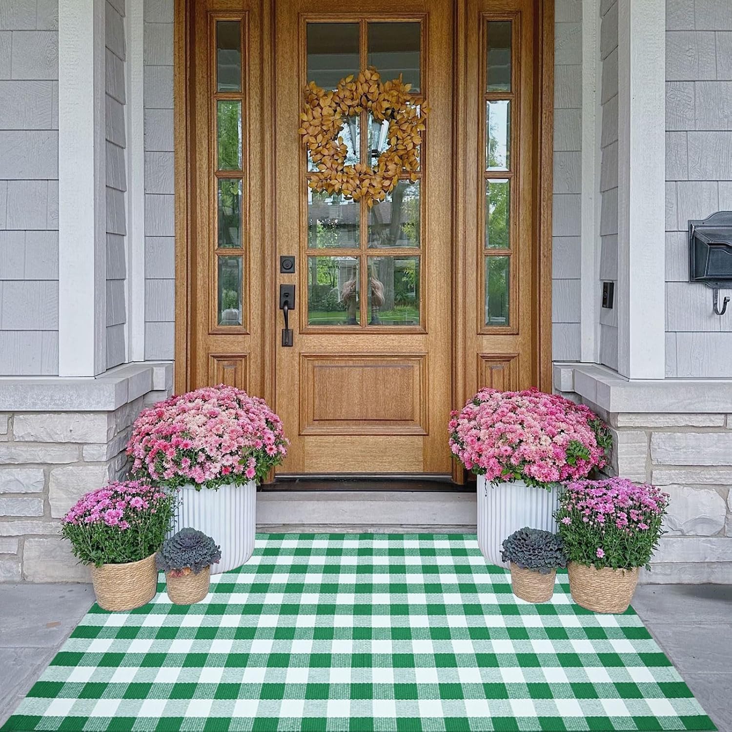 CAINANEL Buffalo Plaid Outdoor Rug Green and White Spring Door Mat Layering Rug Welcome Doormats for Spring Easter Farmhouse Entrance Porch Outdoors Decor
