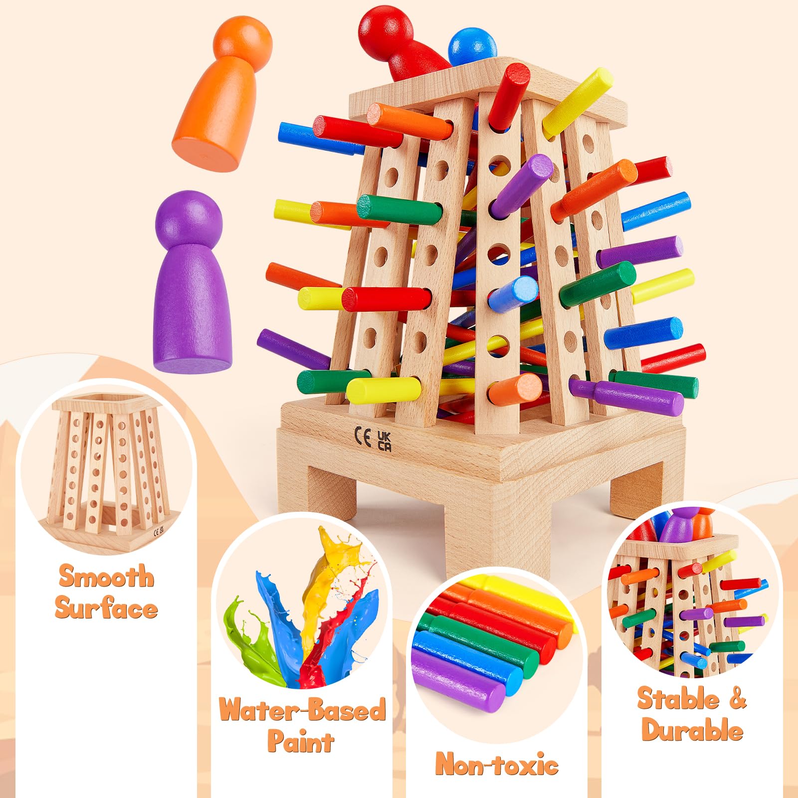 Jeux Montessori Jeu de Société en Bois pour Garçons Filles, Jeu de Tour en Bois avec Bâtons Colorés et Dés Jouets Éducatifs Famille Jeux Voyage Cadeau Enfant 3 4 5 6 7 8 9 Ans
