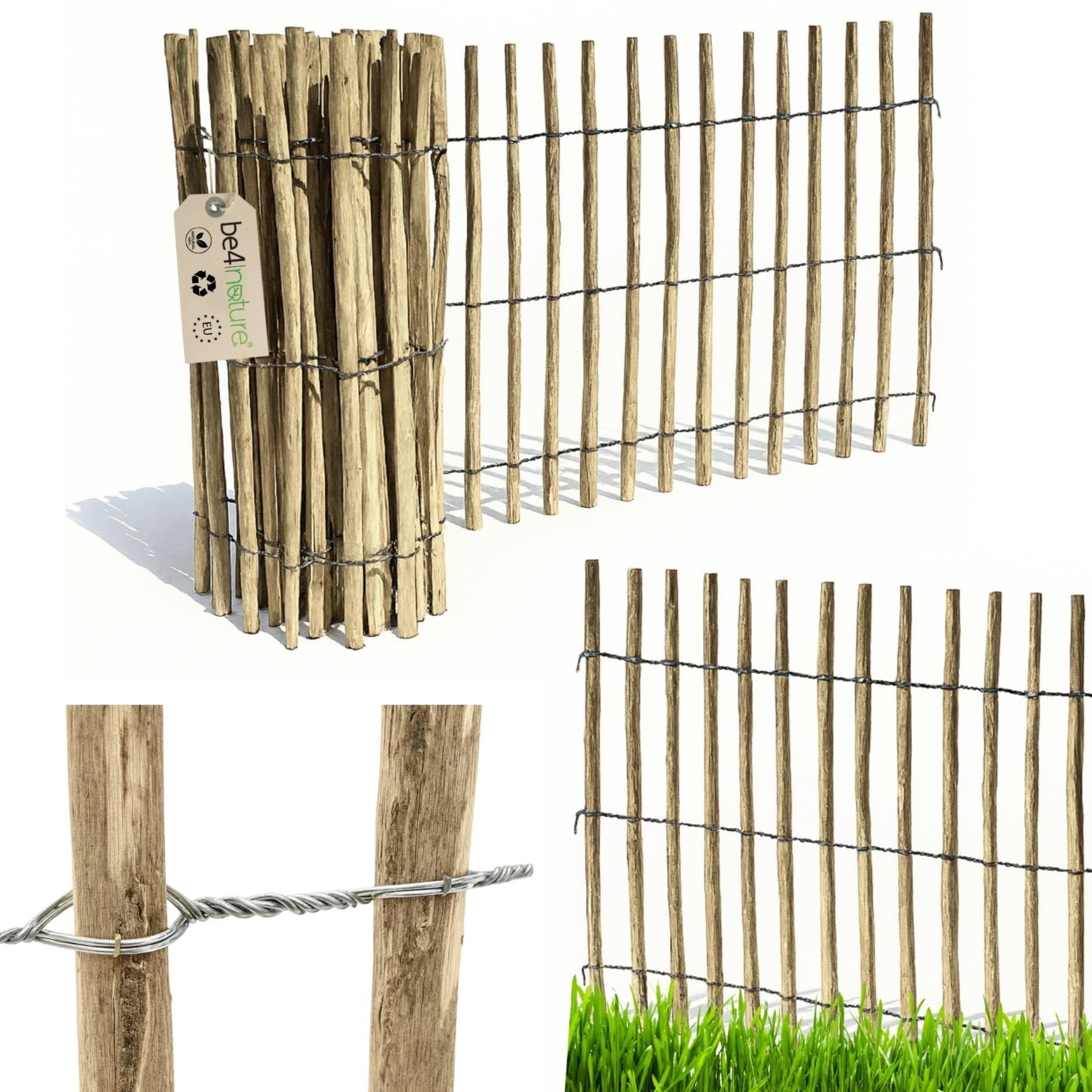 be4nature Hazel & Chestnut Picket Fence 5m x 80cm Height, 8–10cm Gap, Roll Fence, Garden Border, Dog Fence, Wooden Fence, Natural