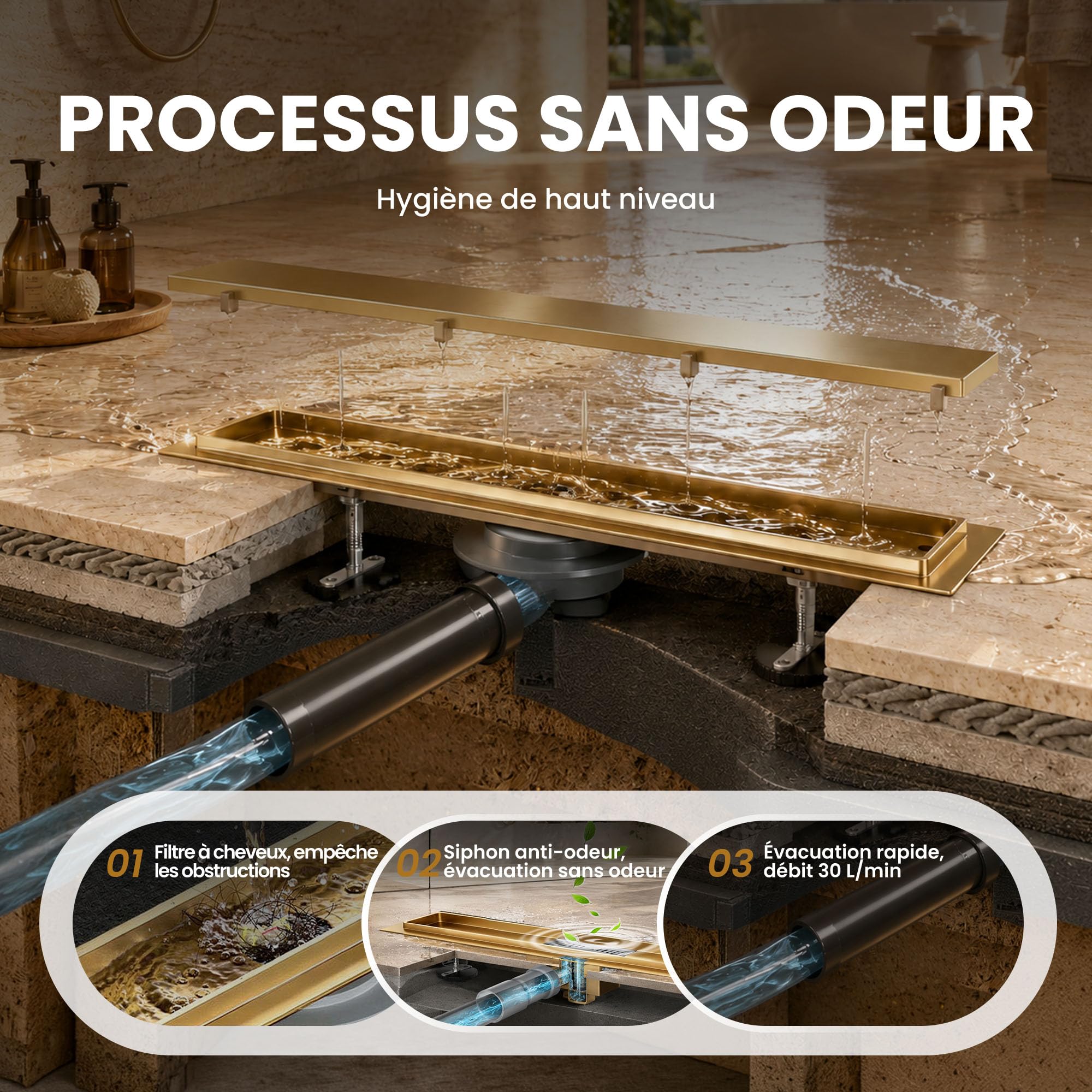 Caniveau Douche Italienne Doré 50 cm | Carrelable avec 360°Siphon Anti-Odeurs, Filtre à Cheveux et Design Sans Seuil pour Douche Italienne,Acier Inoxydable AISI 304