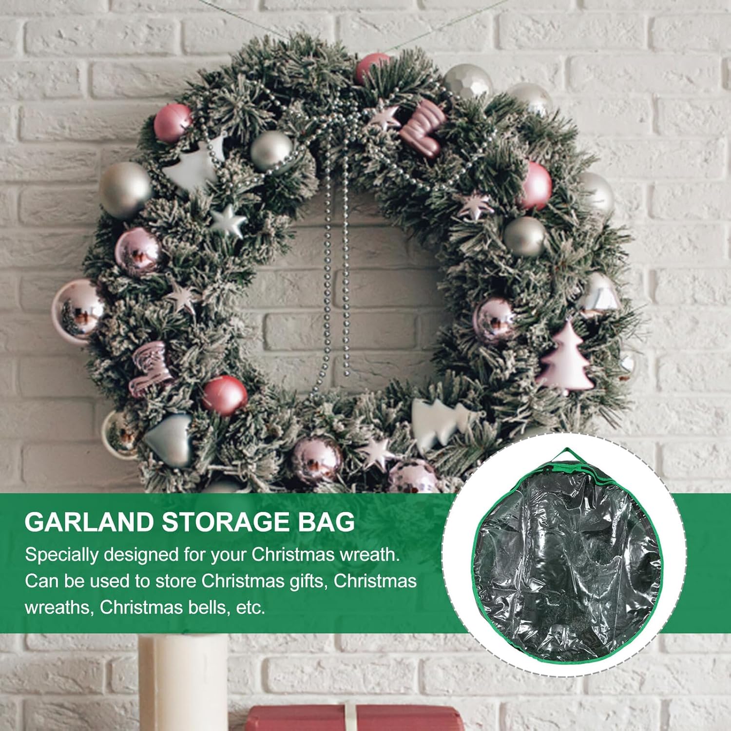 Toyvian Christmas Wreath Storage Bag 30cm with Window, Foldable Wreath Holder for Holiday Decor, Green 76cm Sturdy Storage Organizer for Seasonal Decoration