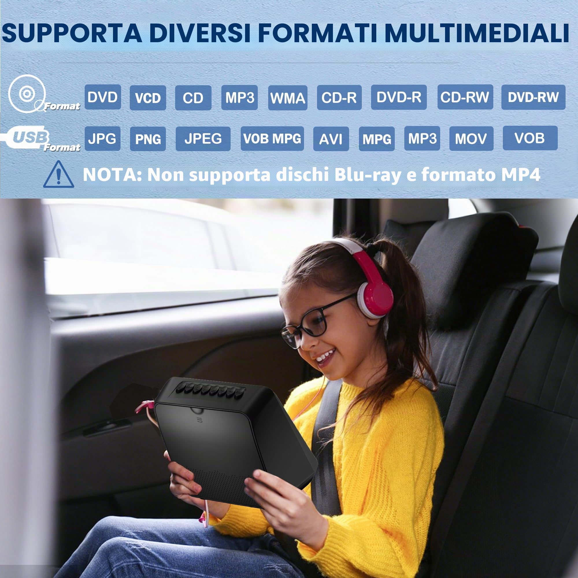 Lettore DVD portatile | Supporta disco/Bluetooth/USB/AV, tutti i lettori CD DVD per auto con luminosità regolabile, bianco