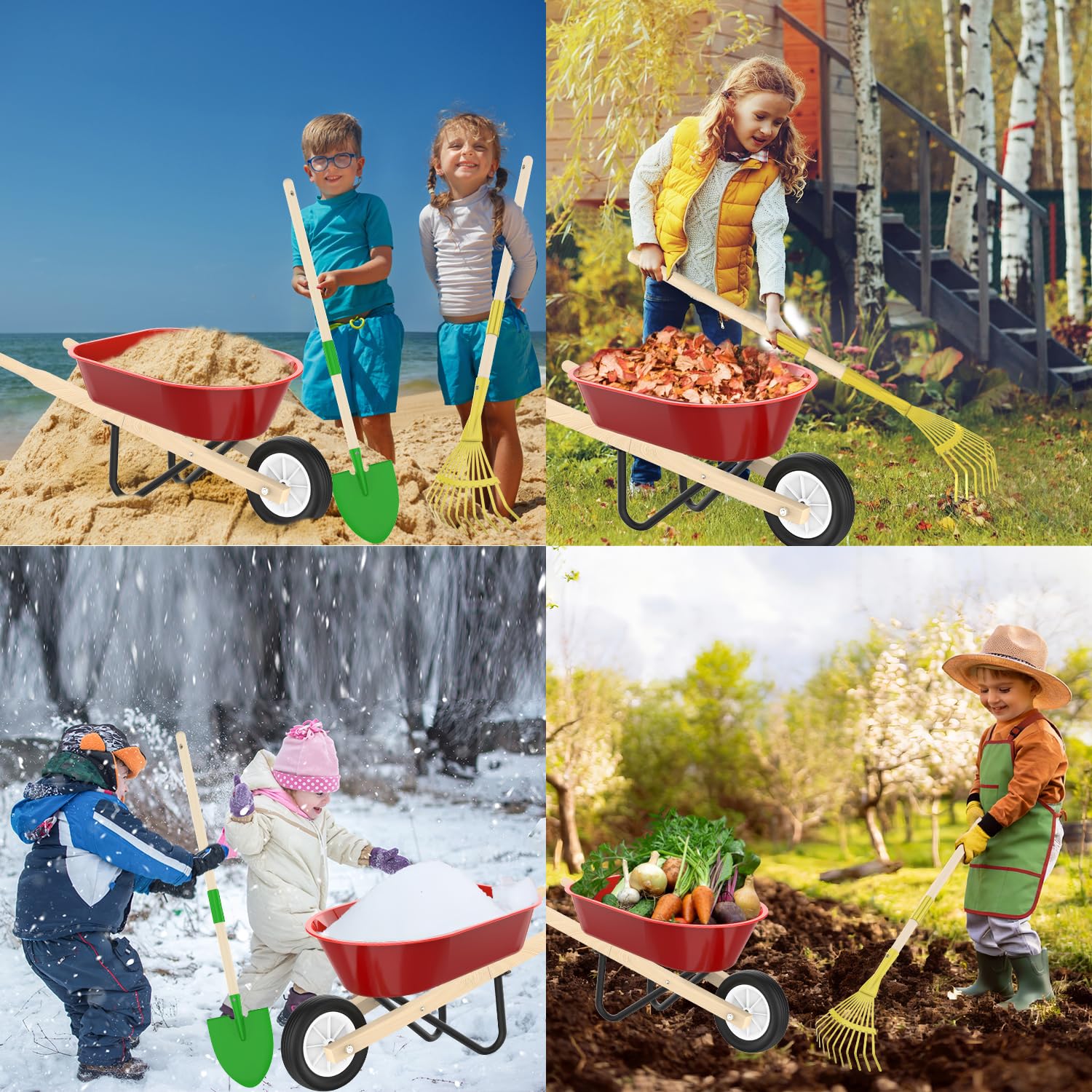 Qtioucp Brouette pour enfants avec outils de jardinage pour garçons et filles de 3 à 8 ans, avec pelle, râteau, râteau à feuilles, cadeaux d'anniversaire de Pâques