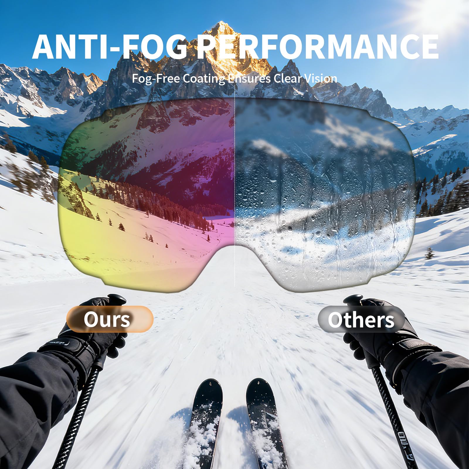 Occhiali da sci per uomo e donna, adulti e giovani, occhiali da snowboard OTG, anti appannamento, protezione UV, visione ampia