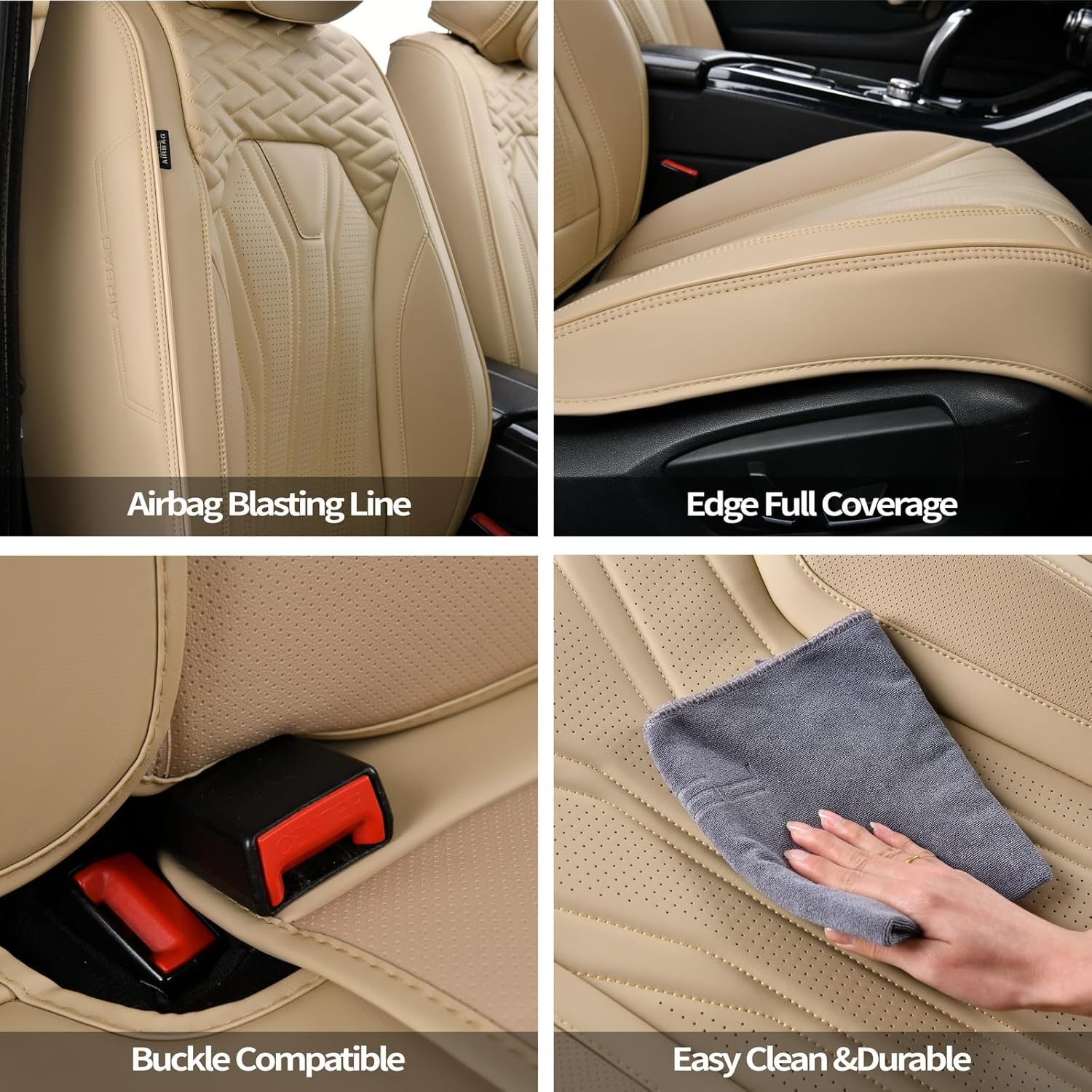 Leather Car Seat Covers Full Set Waterproof Car Seat Covers Full Seats Automotive Seat Covers Car Seat Protector Universal Fit Most Cars (Beige)