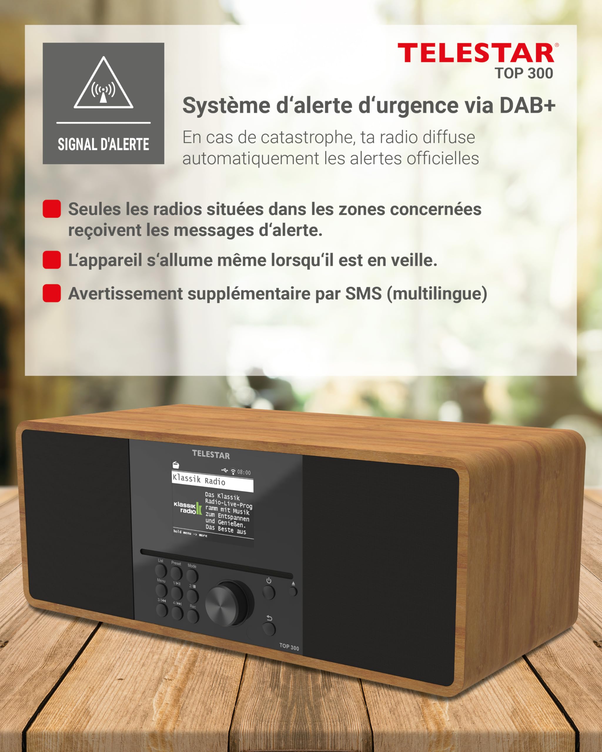 TELESTAR Top 300 – Radio Dab+/Internet avec Lecteur CD (stéréo, 2 × 15 W, Services de Streaming, Bluetooth Audio-Streaming & Fonction d’Envoi, Enregistrement USB, système d’Alerte d’Urgence) – Bois