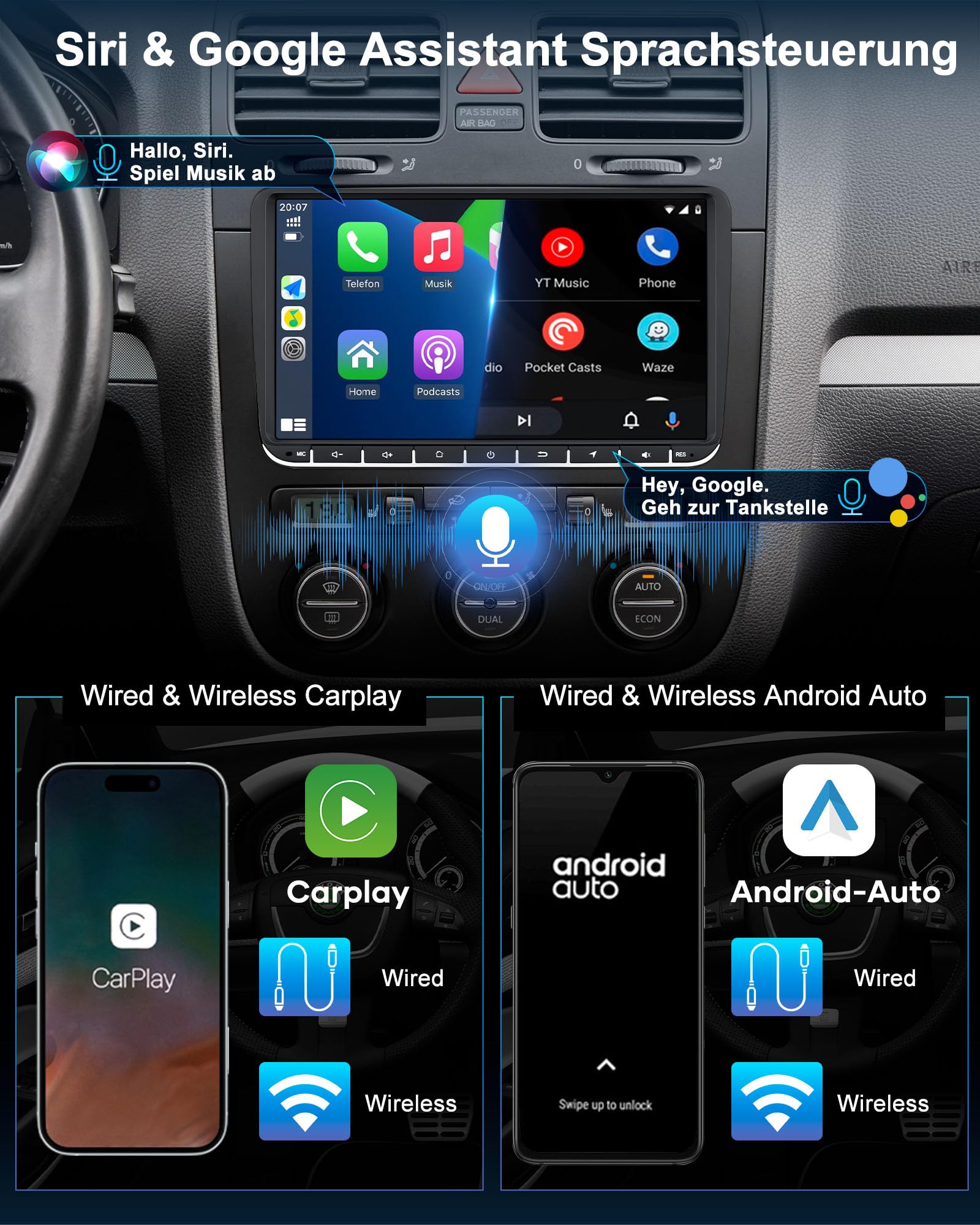 VW Autoradio mit Bildschirm 2+64GB für Golf 5 6 Polo T5 Passat Touran Seat Skoda, 2Din Bluetooth Auto Radio mit Navi DAB WLAN FM/AM, Apple Carplay, Android Auto, Lenkrad Strg,Android 14 (9 Zoll)