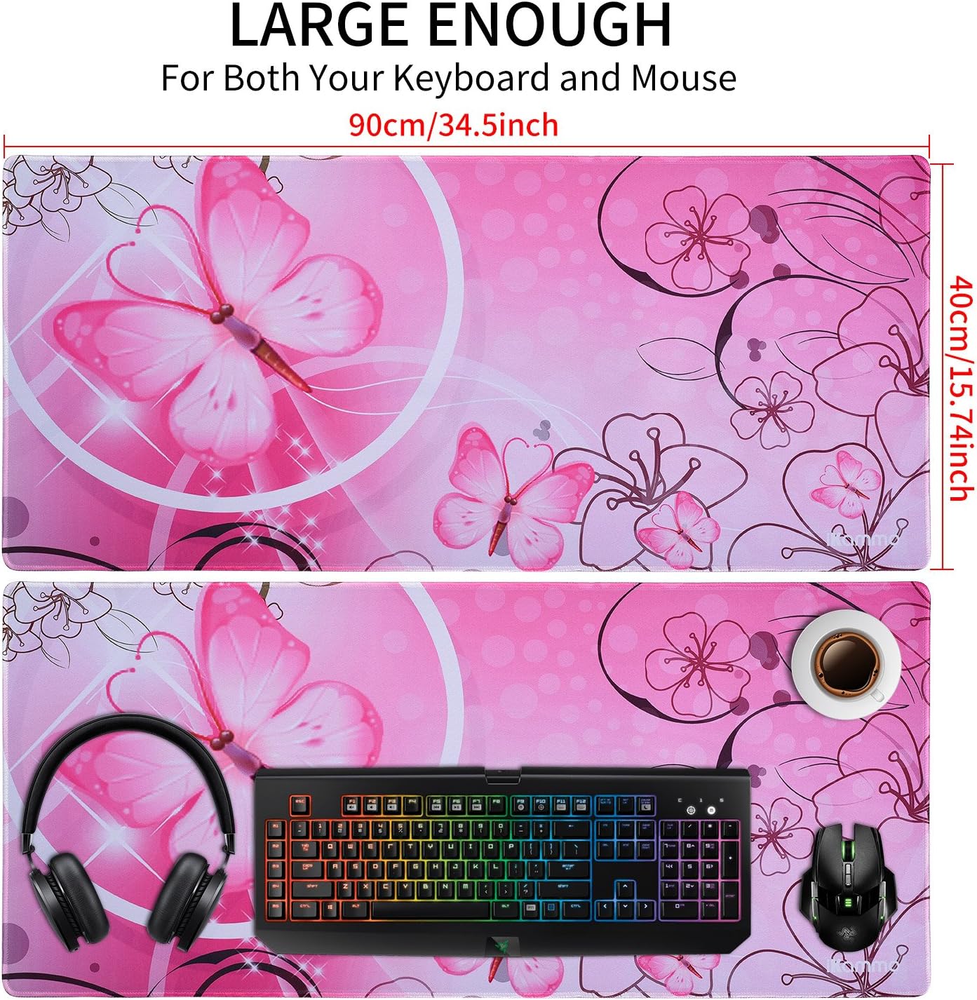 Large XXL Mat Gaming Mouse Pad Extended Full Desk Pad Pink Cute Mouse Pad with Waterproof Surface-Optimized Gaming Surface,Non-Slip Rubber Base Sticthed Edge Mousepad (35"x15.55"x0.08")-Pink Butterfly image 2