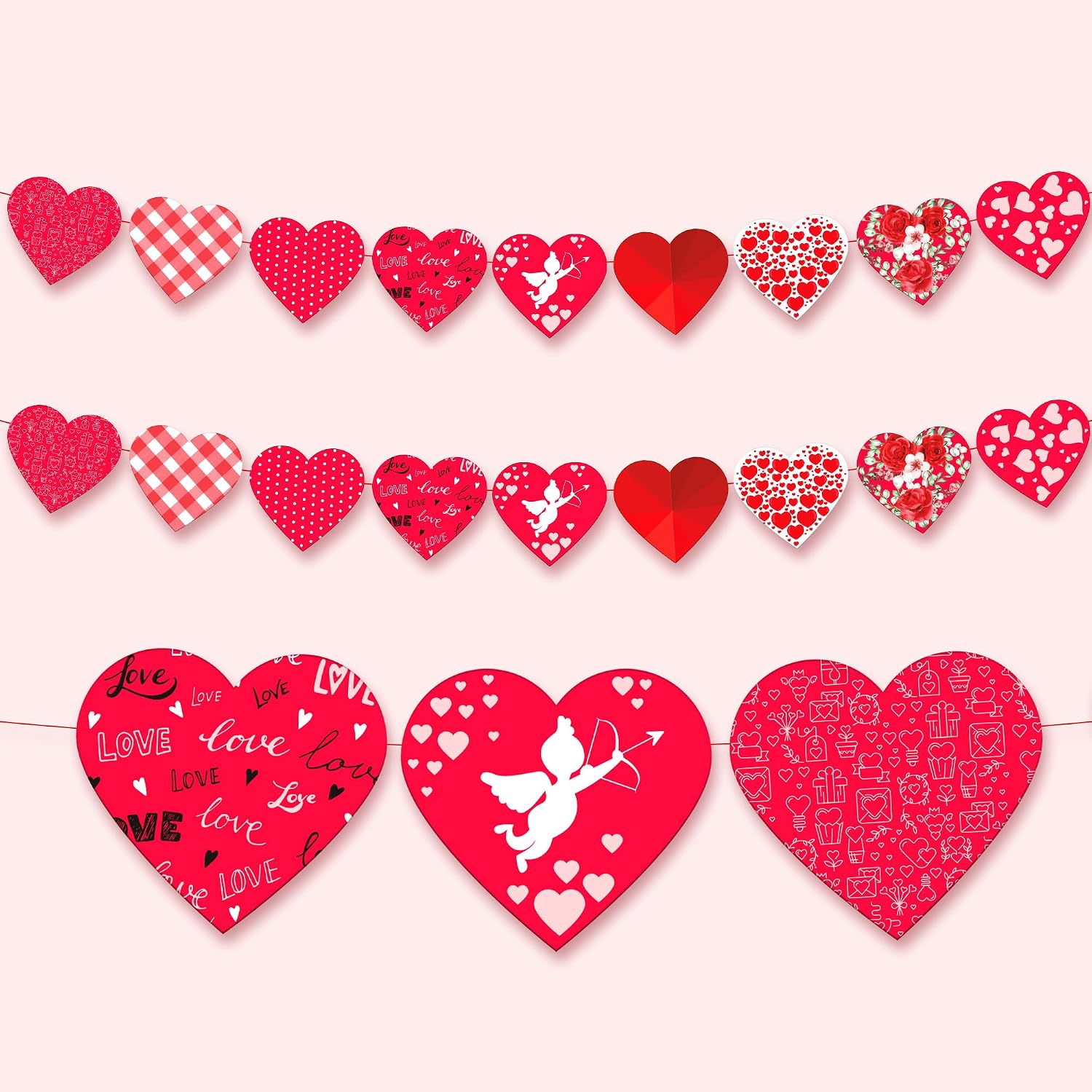 KatchOn, Red Printed Felt Heart Garland Decorations - 10 Feet, No DIY | Valentines Day Decorations | Hanging Hearts Decoration for I Love You Decoration | Engagement Decorations, Valentines Décor