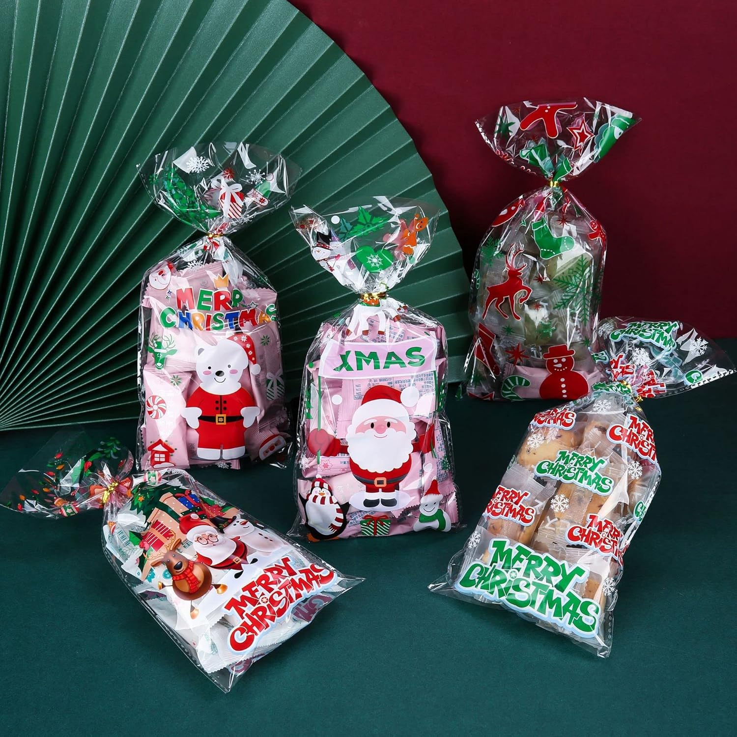 STARANDBEE 100 Pcs Christmas Cellophane Treat Bags, Xmas