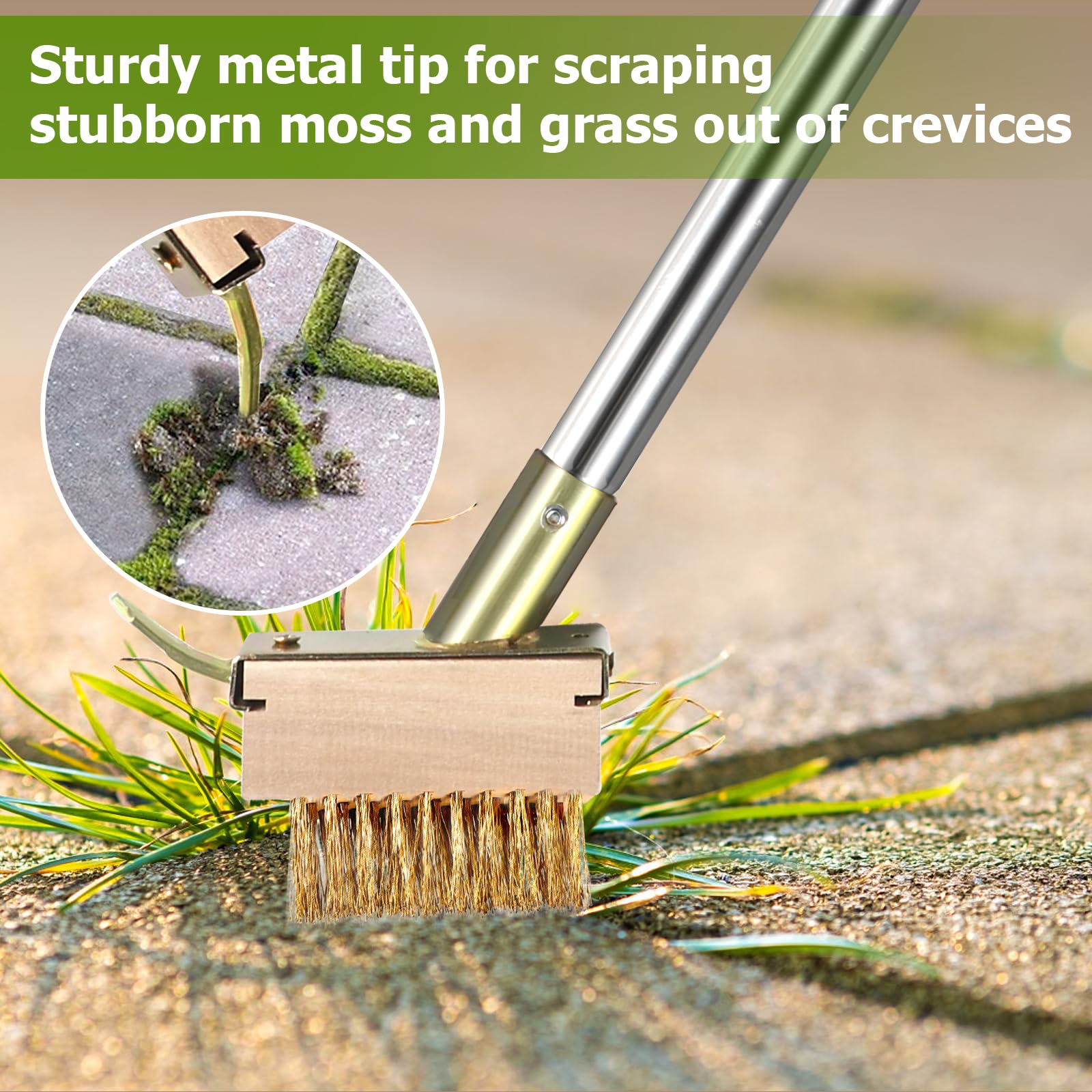 2 Pezzi Scopa filo metallico 10cm Scopa metallica per giardino Spazzola acciaio con 1 set manico lungo 1,6m Setole in metallo e raschietto contro erbacce Spazzola esterni per terrazza,giardino