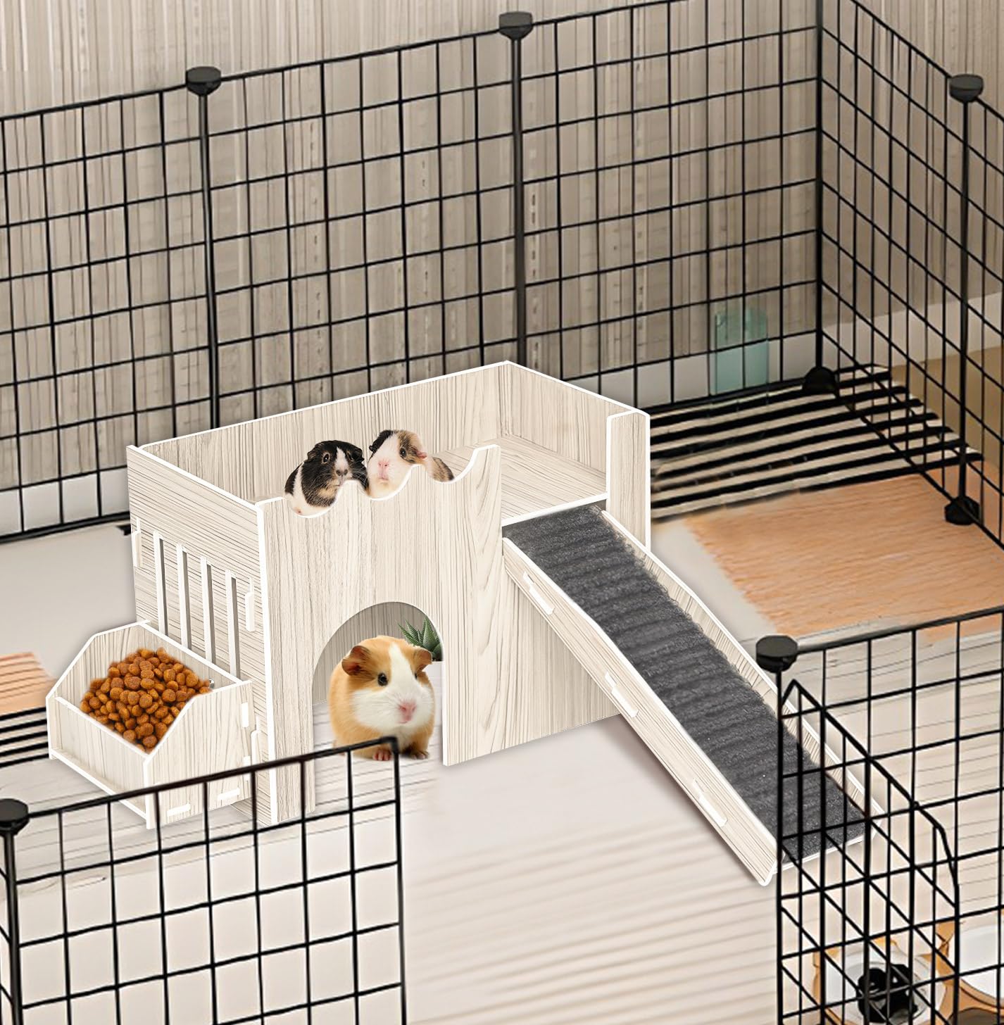 Maison pour Cochon d'Inde avec Bassin d'Alimentation, Cachette en Bois avec Escaliers, Jouet et Habitat Accessoire pour Lapin, Chinchilla