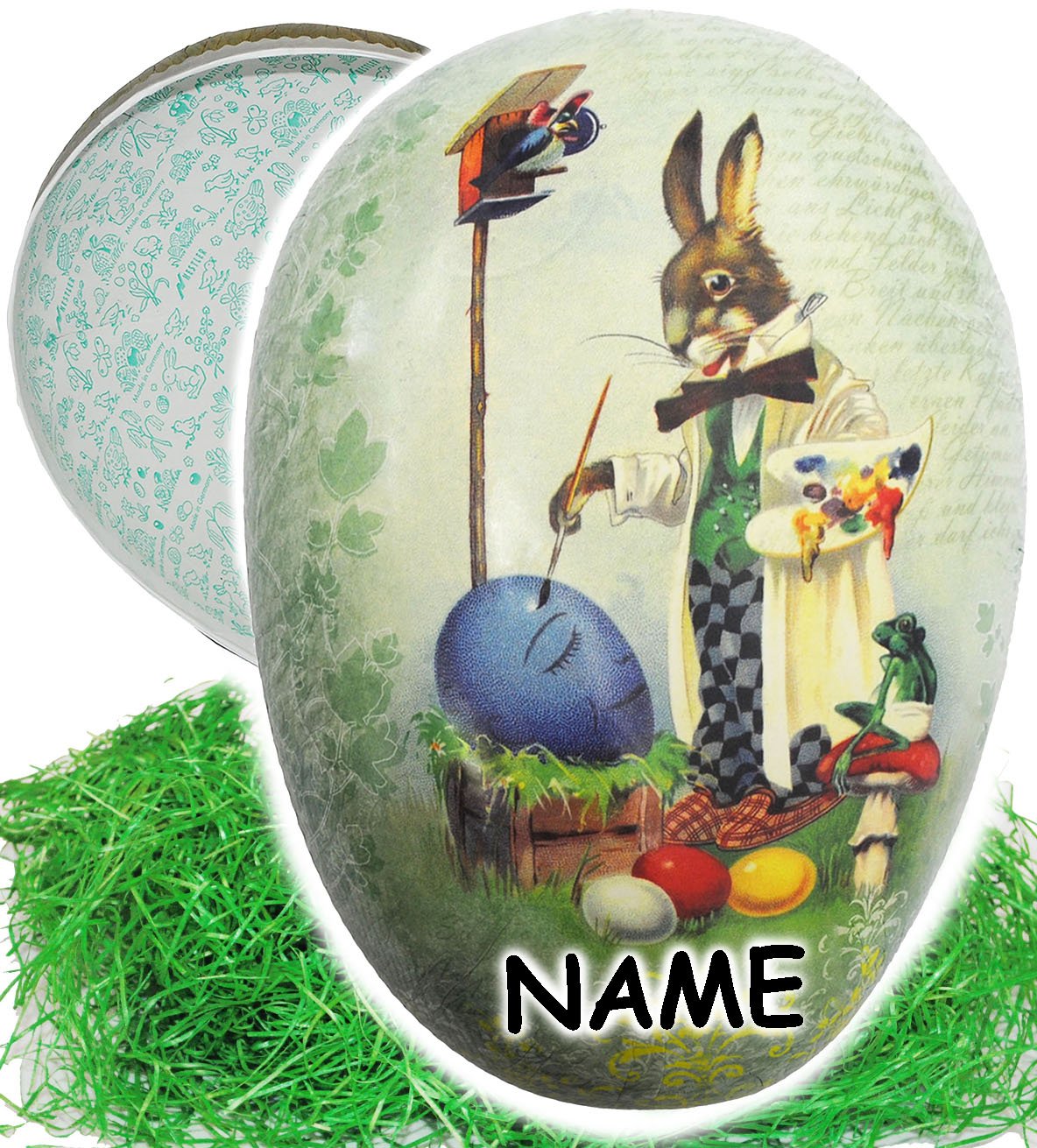 alles-meine.de GmbH XXL - Ostergras & Pappei zum Befüllen - 36 cm - Hasen am Schaufenster - incl. Name - Osterei/Ei zum Befüllen - Papposterei - Deko Pappe Papp - Dekoei Pa..