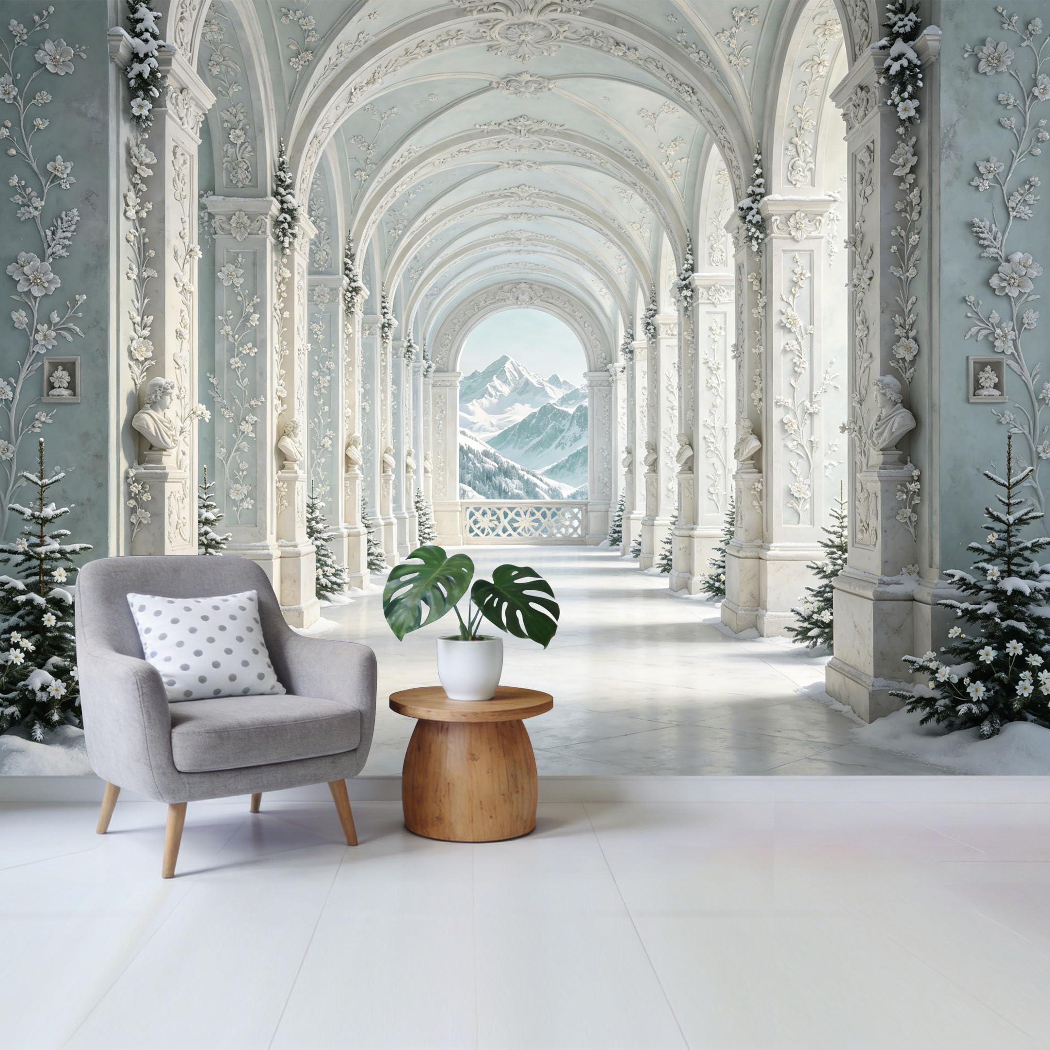 Removable Self Adhesive Fabric Mural， Neoclassical Winter Mountain Palace Corridor Custom Size Wall Covering， UV Protected Waterproof Washable Wall Decor for Living Room Bedroom Bathroom