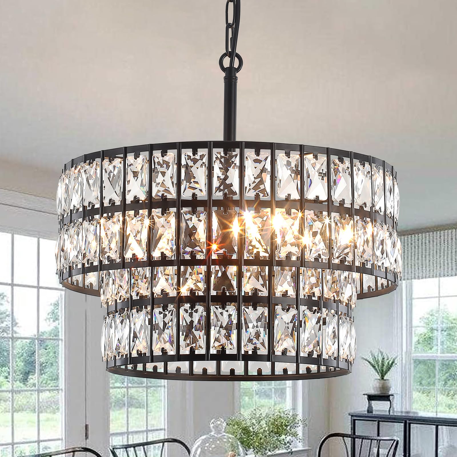 Rviezza Black Crystal Ceiling Pendant Light, Modern Black Metal Chandelier with Two Tiers of Round Crystal Shades, 5-Lights Vintage Industrial Hanging Light with Adjustable Chain, E14 Dimmable Socket — image 1