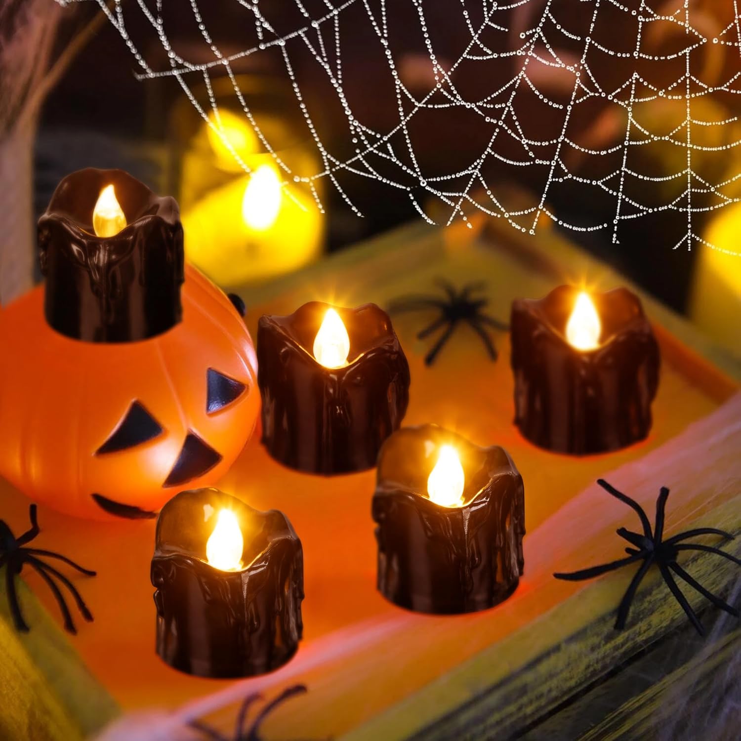 24Pcs Halloween Decorations Indoor Candles Black Tea Lights: Led Flameless Tealight Battery Operated Table Decor with Spider Webs (No Timer&Remote)