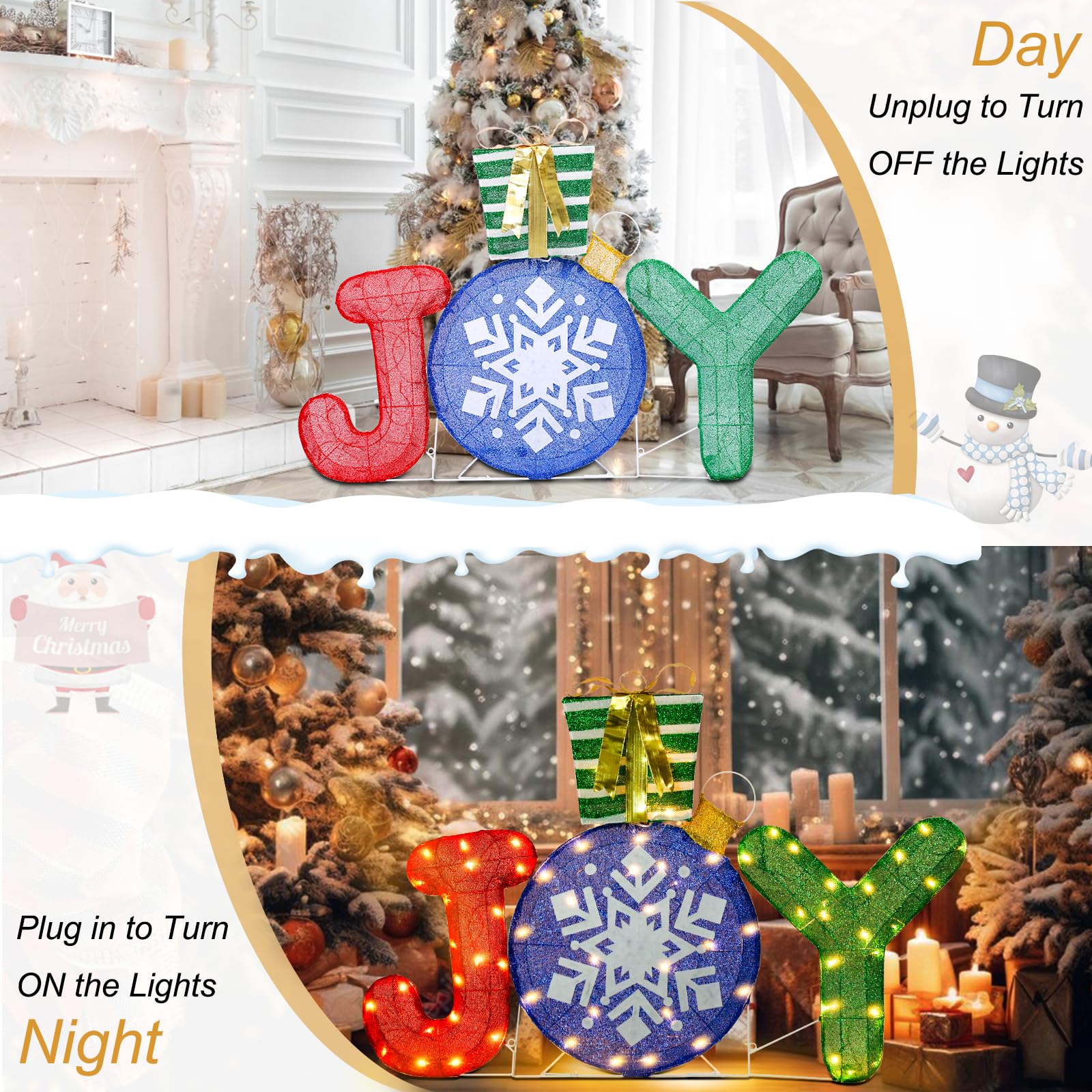 Decoración navideña iluminada para exteriores, alegría 3D con caja de regalo, adorno de pie iluminado con purpurina, decoración de Navidad para el hogar, césped, patio, jardín