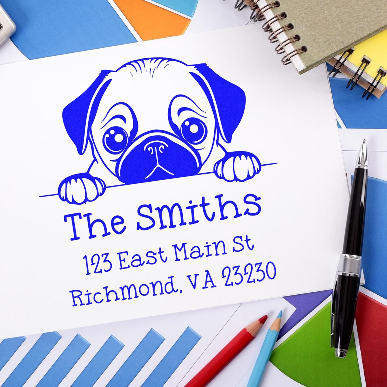 Pre-Inked Address Return Stamp with Adorable Pug Puppy Design, PSI Stamp, Ideal for Dog Lovers, Choice of 5 Vibrant Ink Colors, Size 1-5/8 Square - Ideal for Personal or Business Use