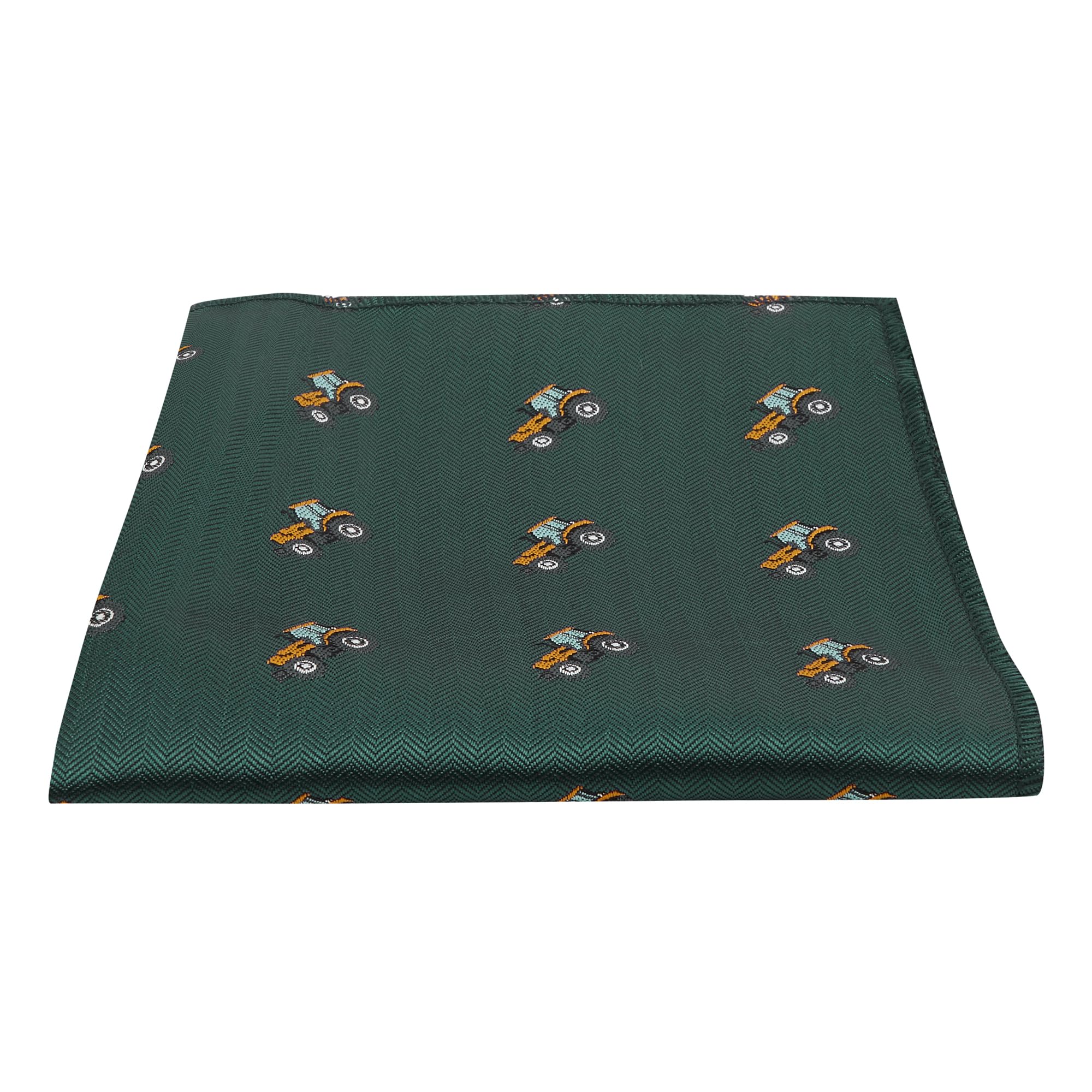 King & Priory Dark Green Herringbone Embroidered Tractor Pocket Square, Handkerchief