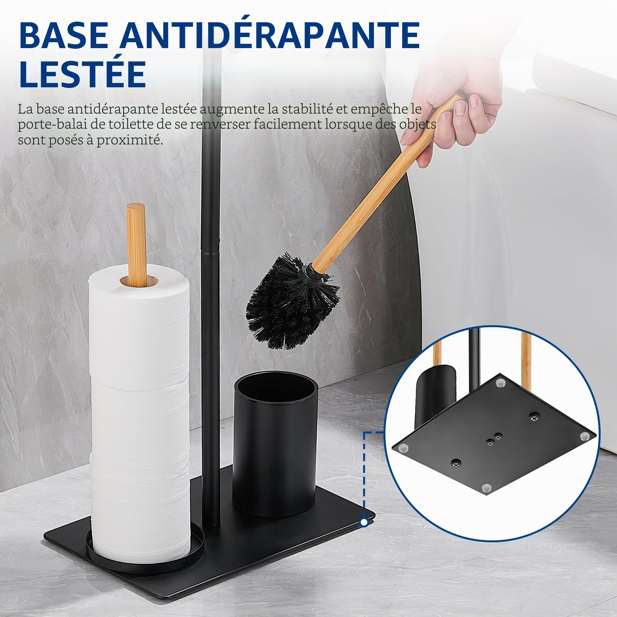 Porte Papier Toilette sur Pied avec Brosse WC Support Papier WC Rangement sans Percage pour 4 Rouleaux, Bois Noir, Carré