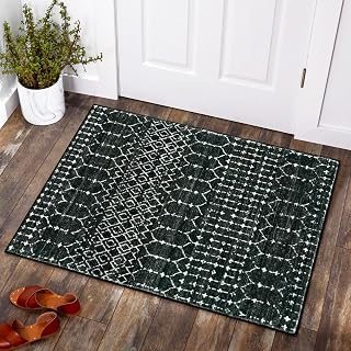 Lahome 2x3 Moroccan Entry Rug - Non-Slip Washable Low-Profile Door Mat, Geometric Distressed Print for Entryway Kitchen Bathroom, Black