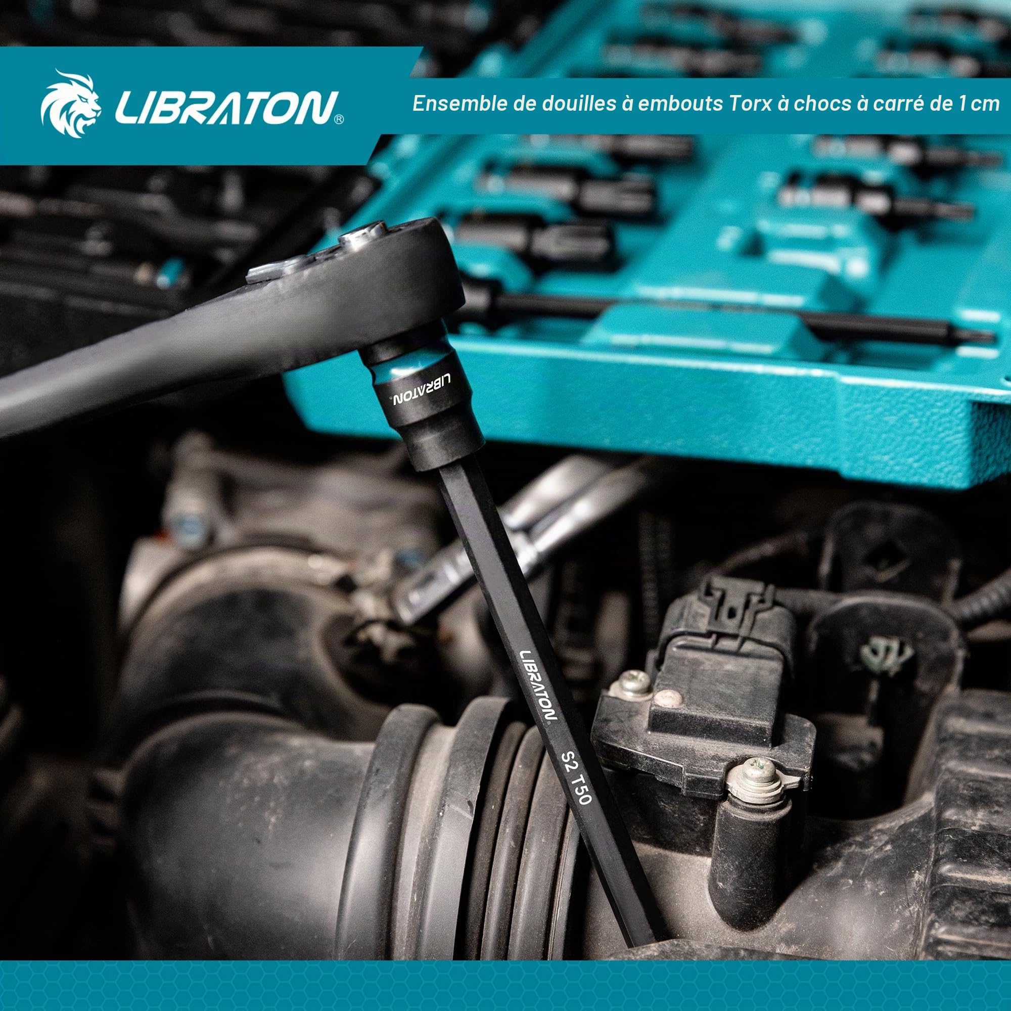 LIBRATON Clé à Douille Embouts Torx Entraînement 3/8" Extra Longue | Douilles à Impact en Acier Allié S2, 24 Pièces Douilles Torx d'embouts, T10-T60, Douille Étoile Long de 2" et 6"