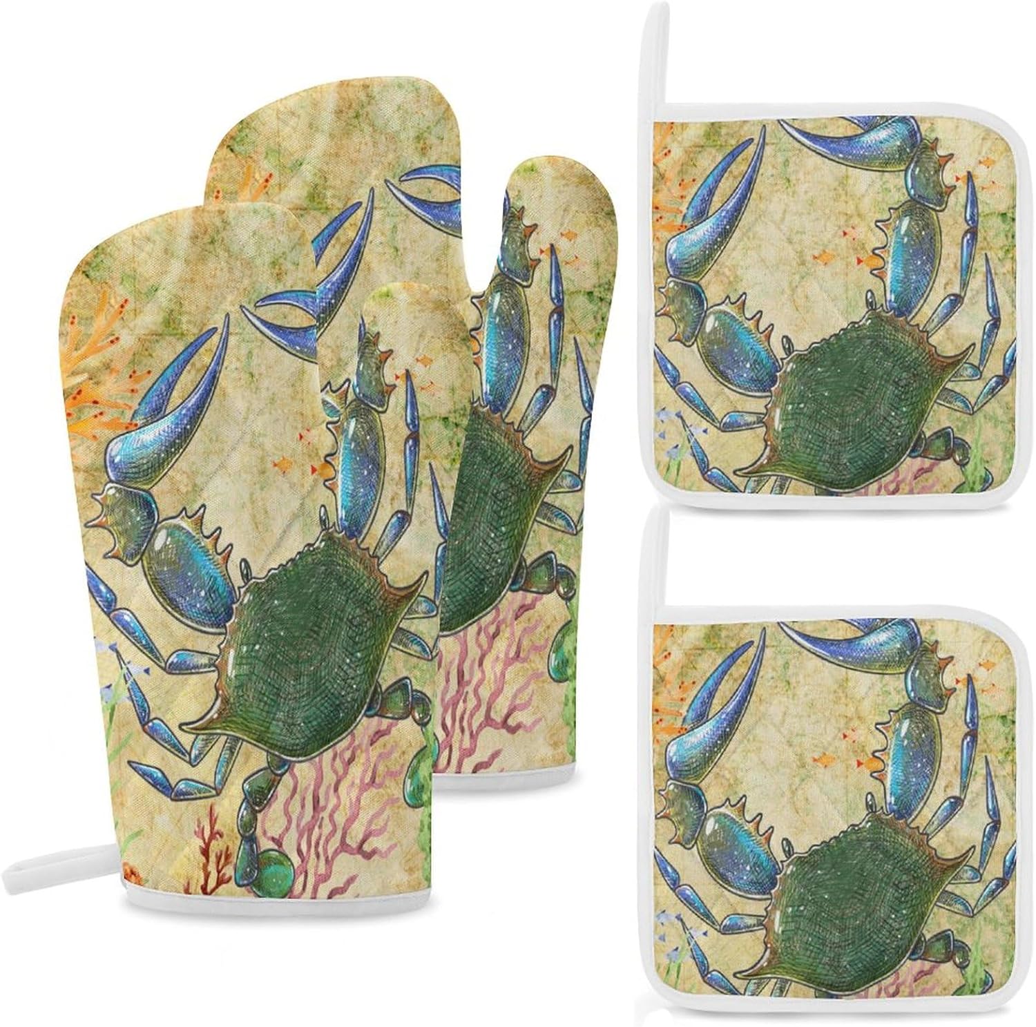 Watercolor Cartoon Ocean Crab Oven Mitts and Pot Holders Rustic Antique Nautical Theme Underwater Coral Fish Crab Oven Mitts Gloves Kitchen Non Slip Baking BBQ Gloves 4 Set