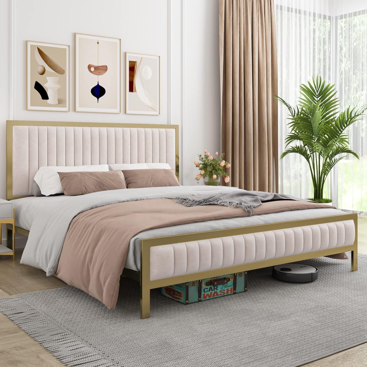 Full Size Bed Frame, Velvet Upholstered Platform Bed Frame