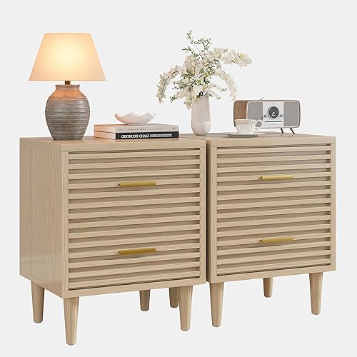 Miniatura 11 de Alohappy Juego de 2 mesitas de noche modernas de mediados de siglo, mesita de noche acanalada para dormitorio, mesa auxiliar con cajones de