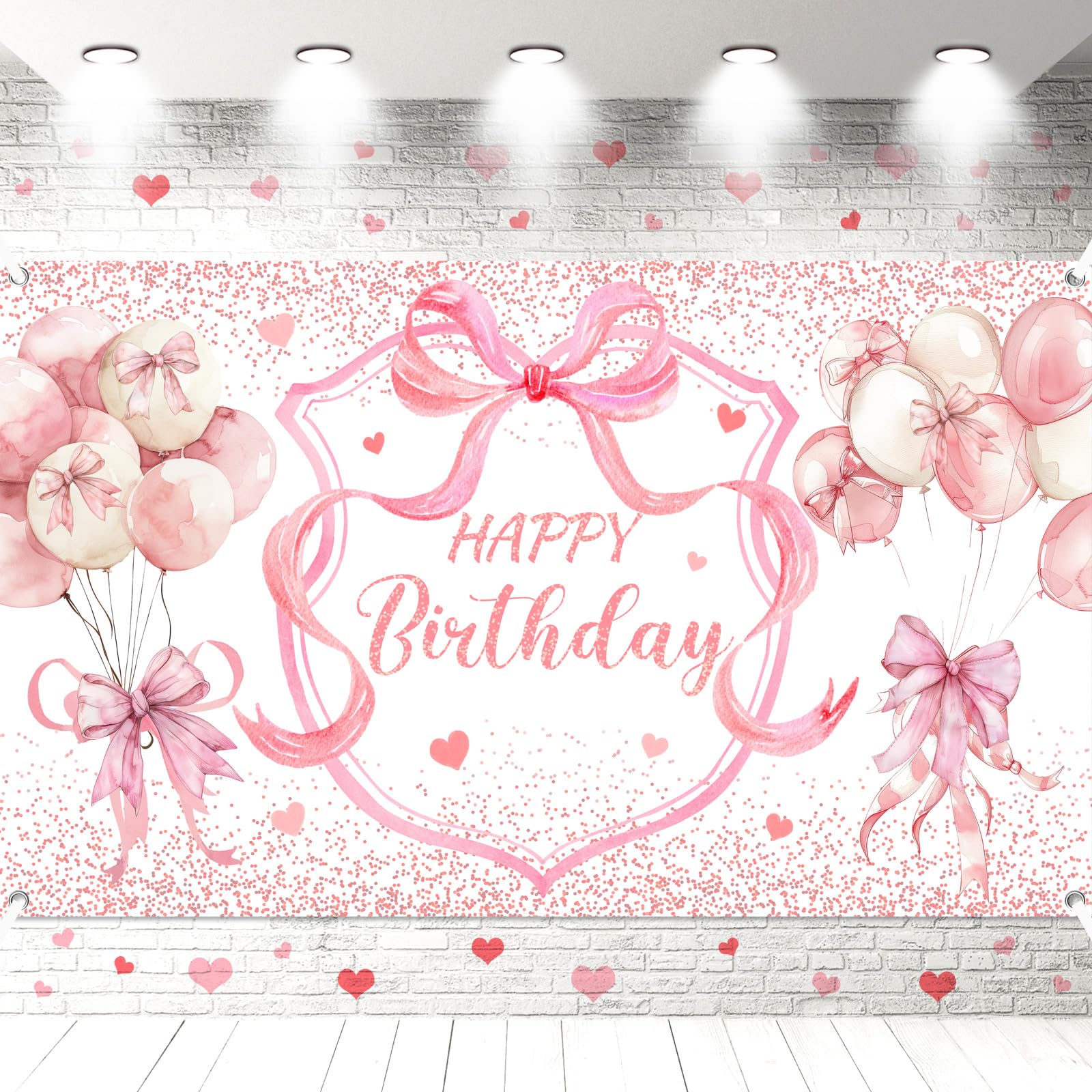 Tingjoo 7 x 5 ft Pink Bow Coquette Birthday Decorations Large Pink Bow Happy Birthday Backdrop Decorations for Party Decor for Girls Women Photography
