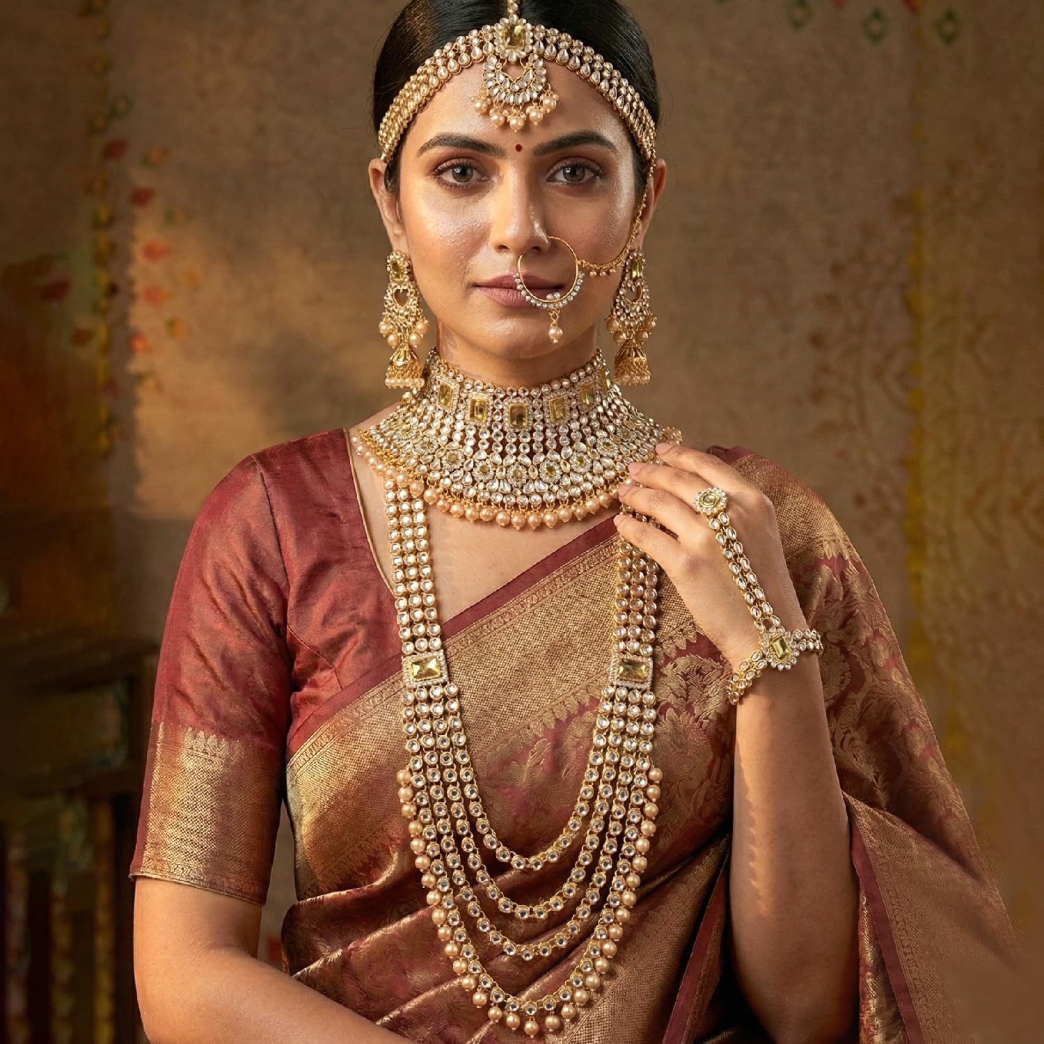 Aheli Traditional Wedding Indian Bharatanatyam jewellery set Long Choker Necklace Earrings Maang Tikka Nath Paasa Hath Phool Gift for Women