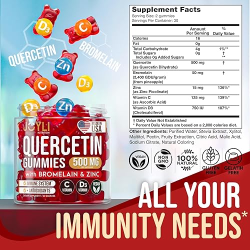 Miniatura 3 de JOYLI - Gomitas de quercetina – Quercetina con bromelina zinc vitamina C y vitamina D3 – Suplemento de quercetina de 500 mg para el sistema