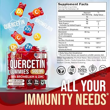 JOYLI Quercetin Gummies - Quercetin with Bromelain Zinc Vitamin C & Vitamin D3 - Quercetin Supplement 500MG for Immune System & Allergy - Quercetin for Kids and Adults - 60 Quercetin Chewable