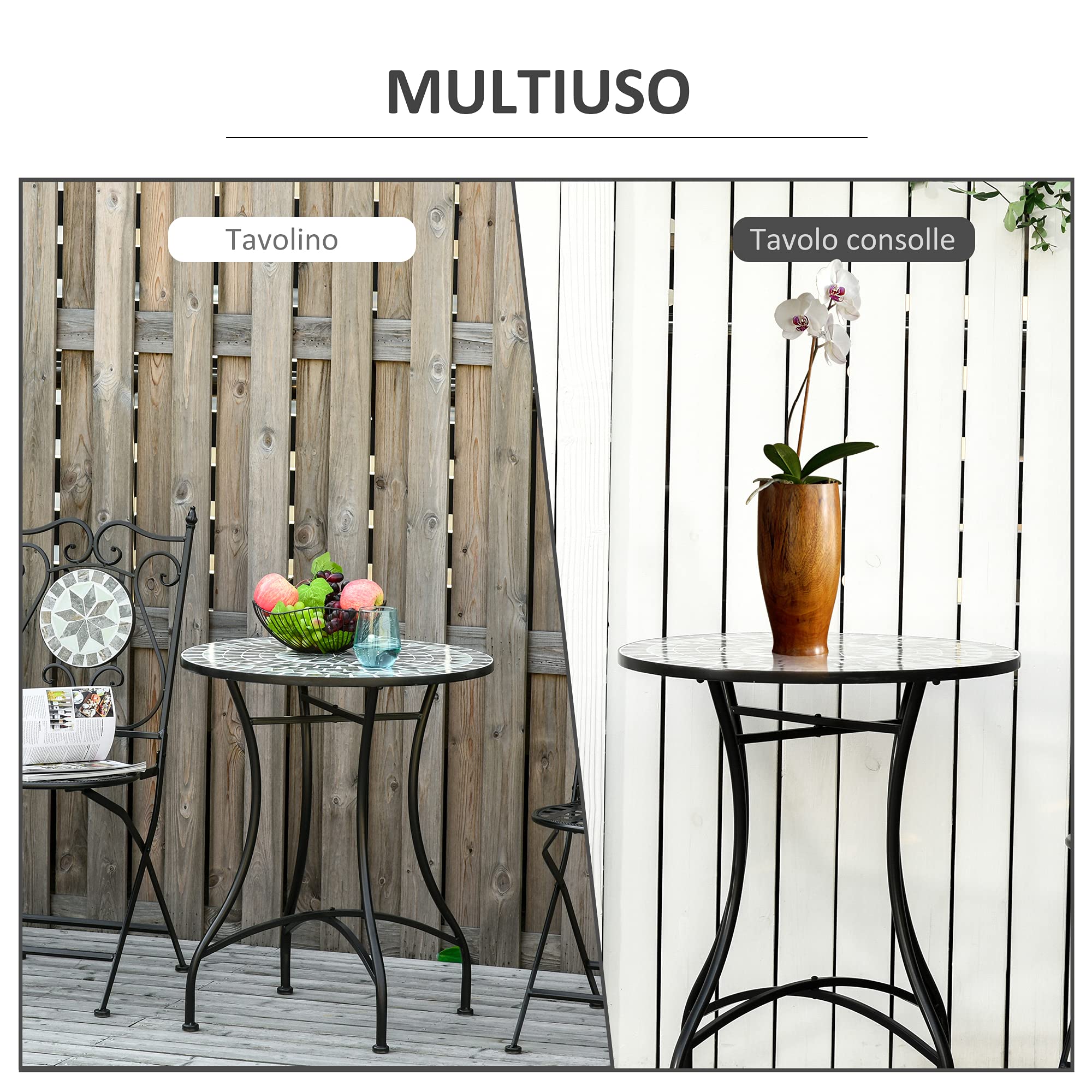 Outsunny Tavolino da Giardino in Metallo e Ceramica Ф60x71cm Nero