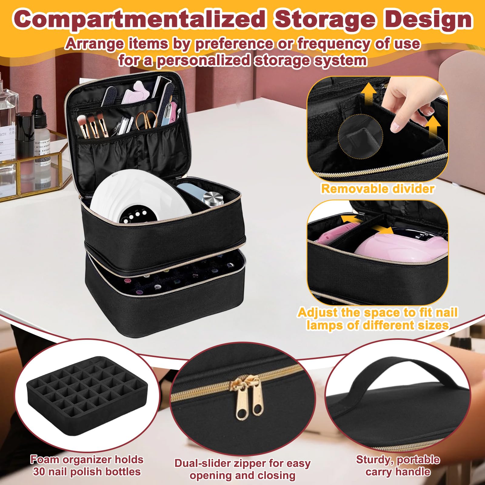 Porta Smalti Organizer Doppio Strato con Maniglie e Divisori Regolabili, Trousse da Viaggio Portatile Nera Capiente per Unghie 30 Flaconi, Pennelli Trucci, Rossetti e Prodotti Bellezza