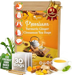 TOG999, 30 Bags Premium Turmeric Ginger Cinnamon Tea, Improve Digestion, Support Brain, Weight, Skin and Sleep, Eco-Conscious Tea Bags and Premium Natural Ingredients. Turmeric Ginger Herbal Tea. No Sugar, No Caffeine, No Gluten, Vegan.